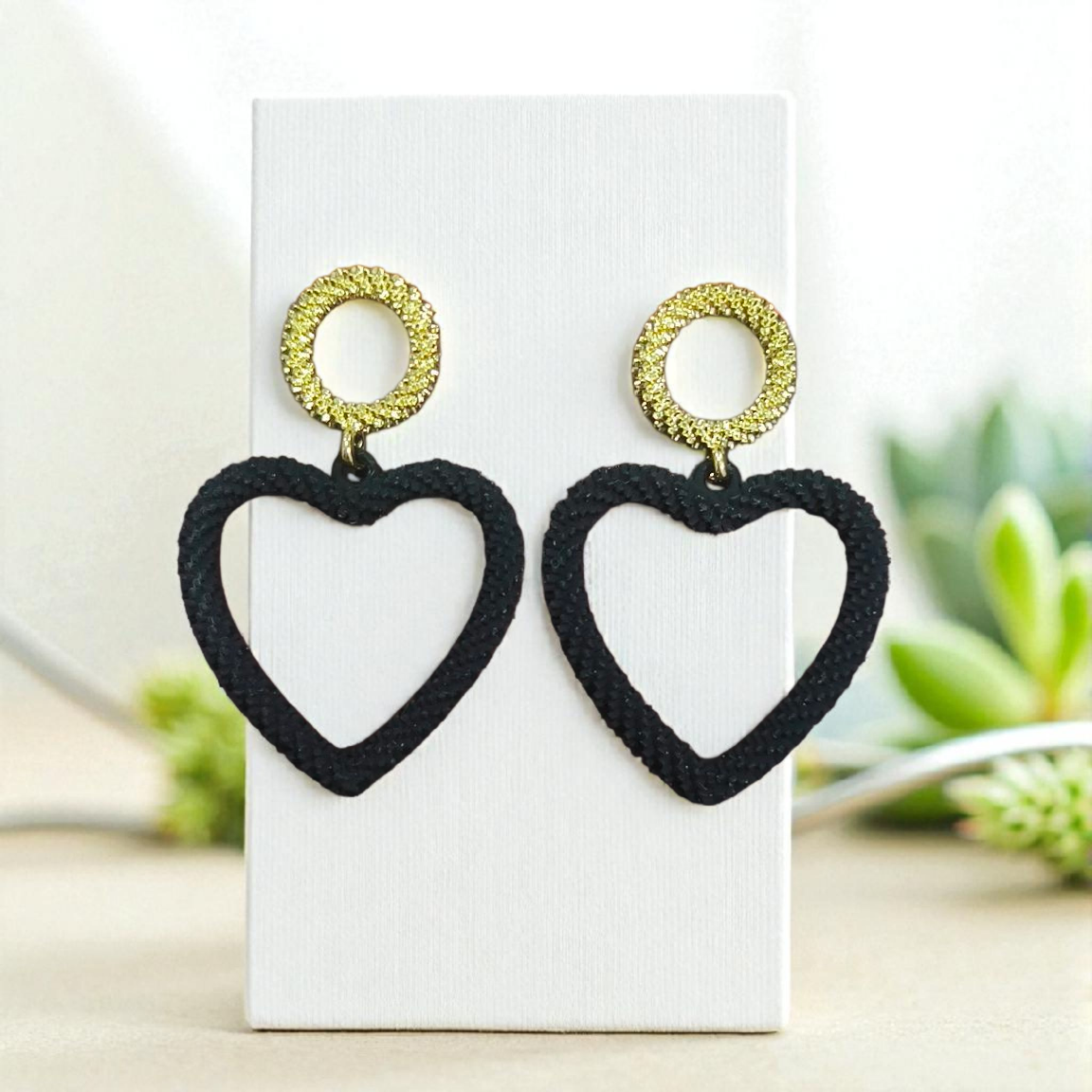 Black Textured Heart Drop Earrings