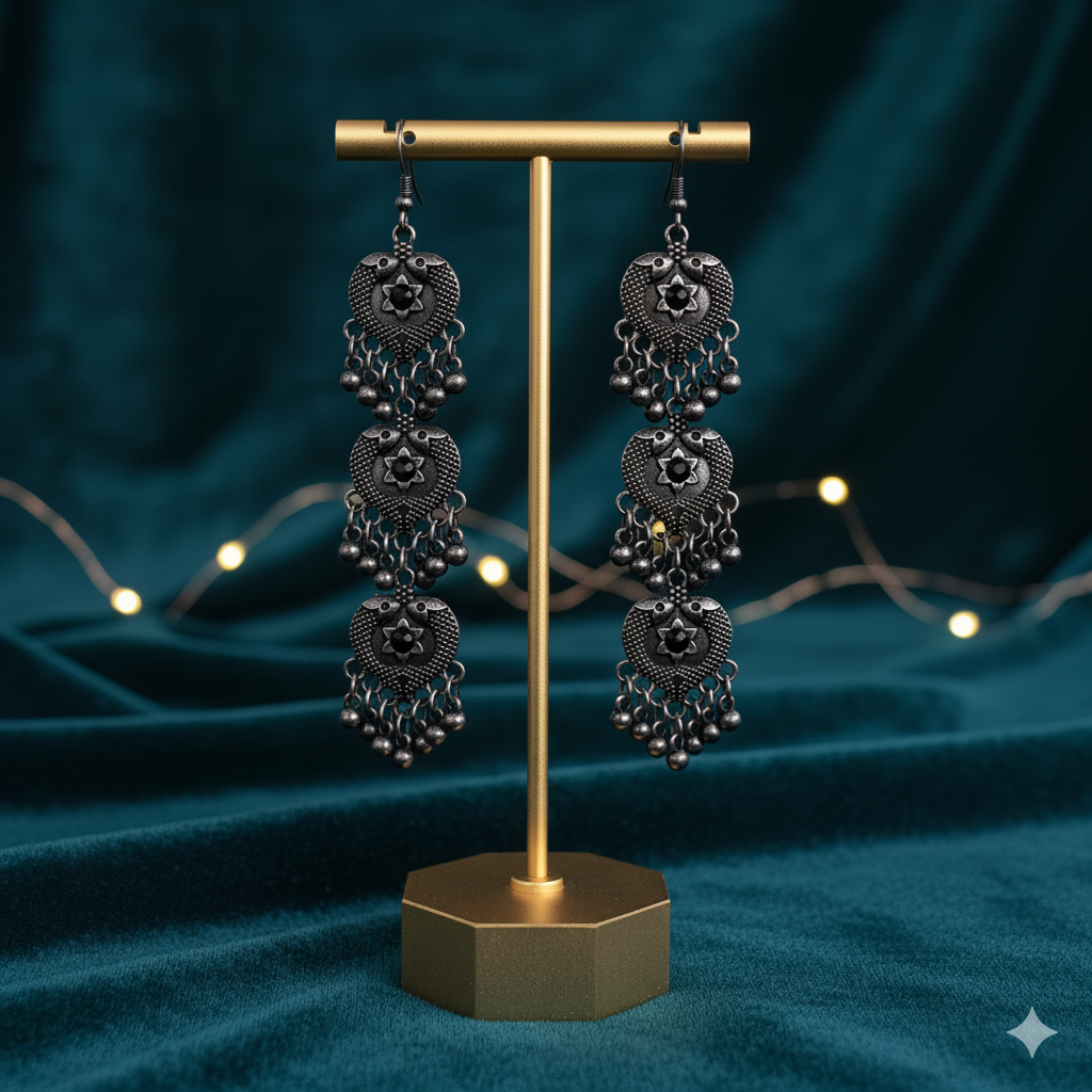 Triple Heart Shaped Fish Oxidised Danglers - Silver