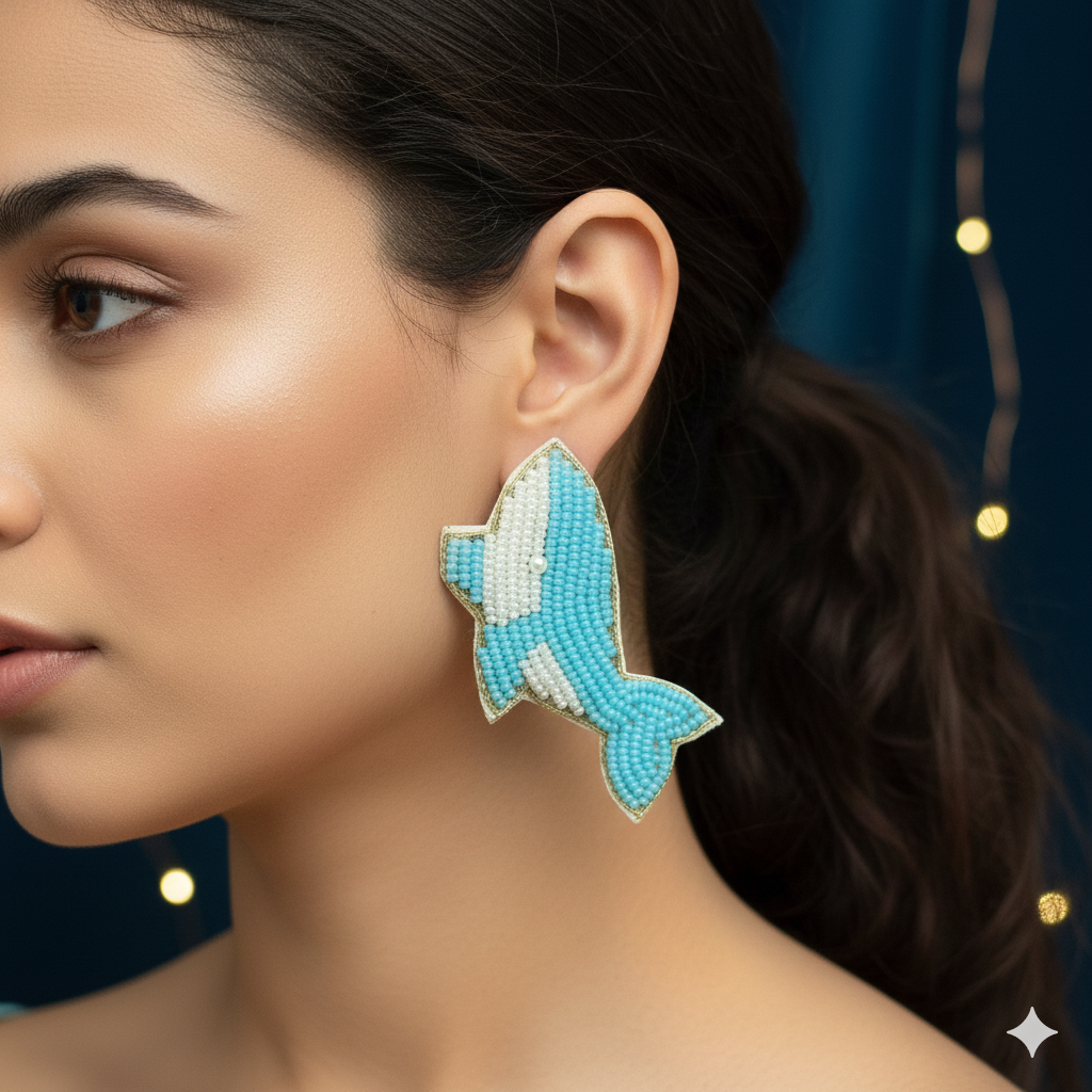 Beaded Aqua Fish Earrings - Image 2
