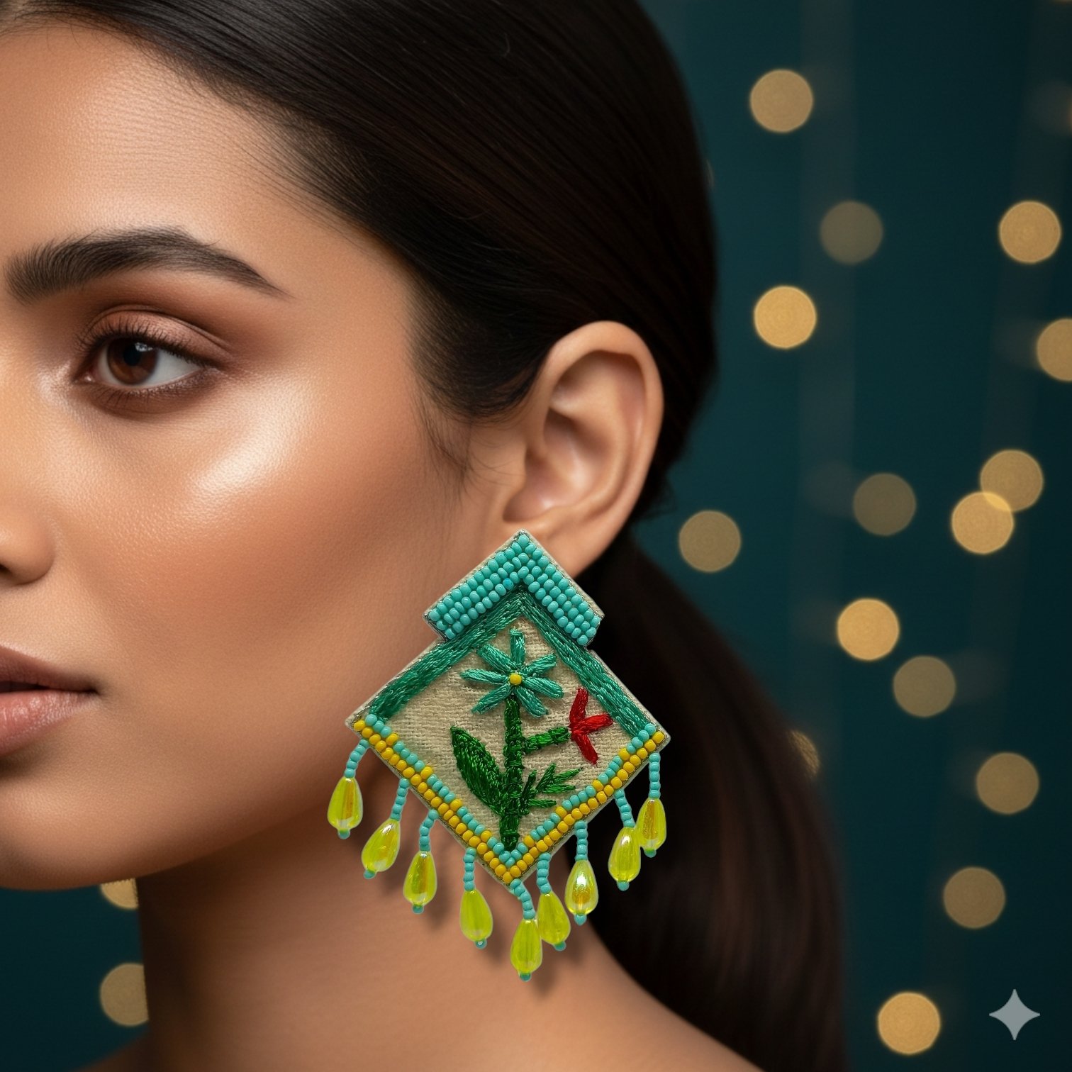 Enchanted Nature Embroidered and Beaded Dangler Earrings - Image 2