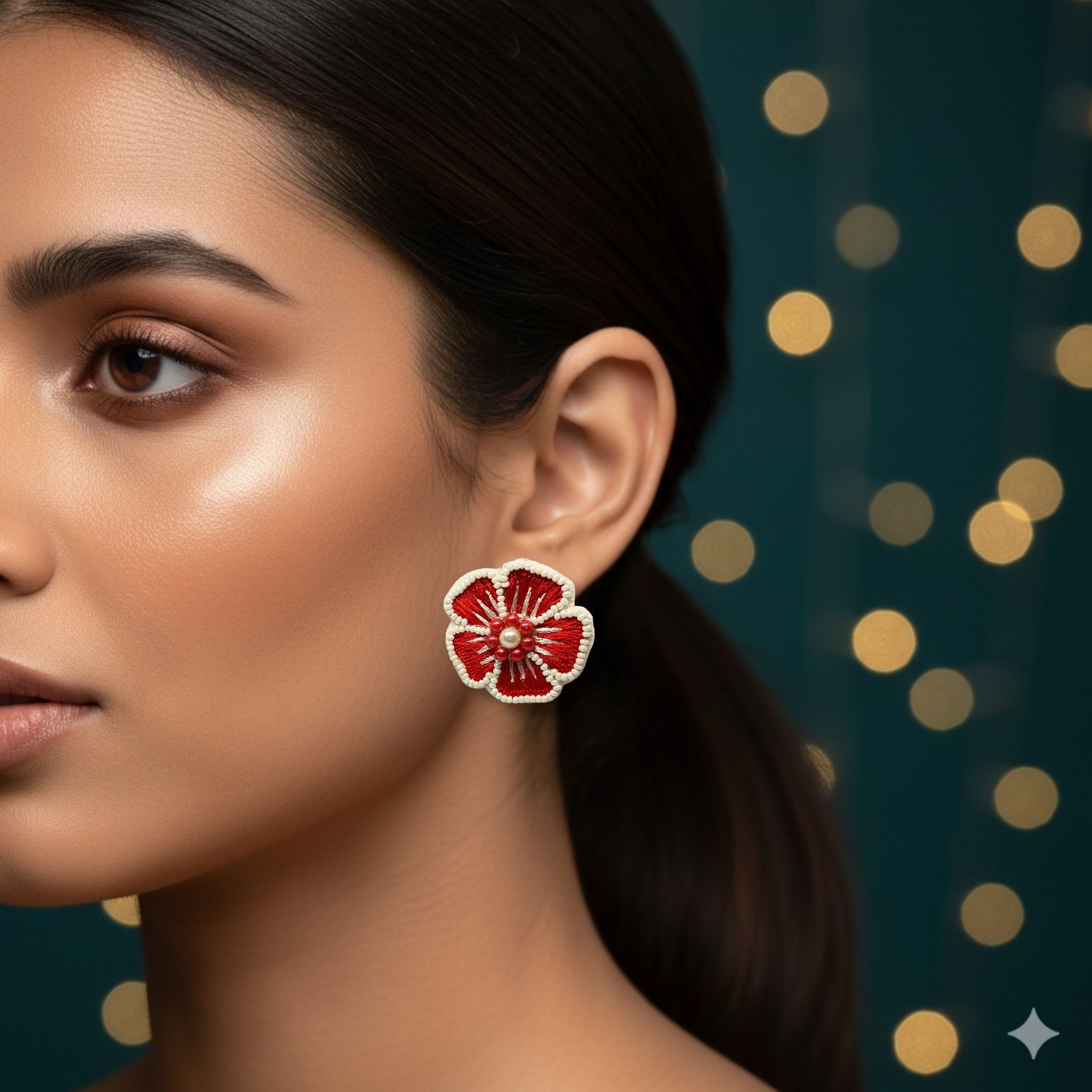 Red and White Hand-Embroidered Flower Studs - Image 2