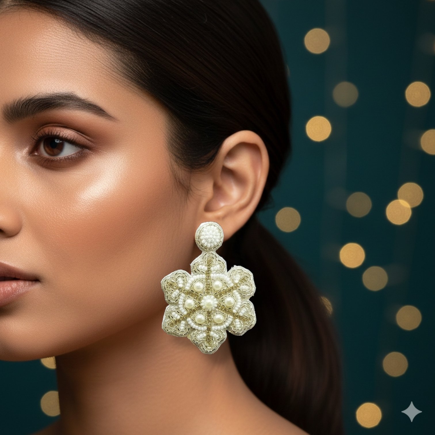 White Snowflake Dangler Earrings - Image 2