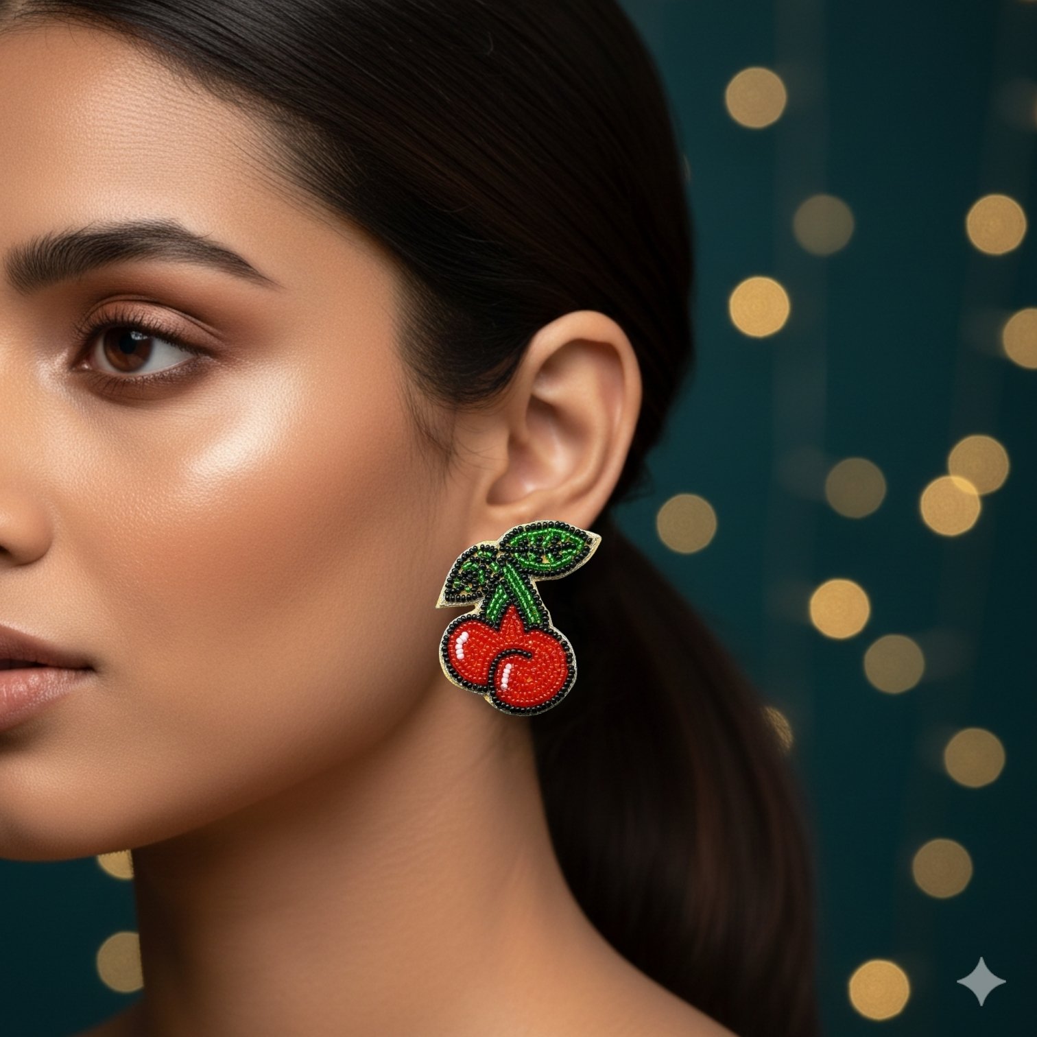 Celestial Red Beaded Cherry Earrings - Image 2