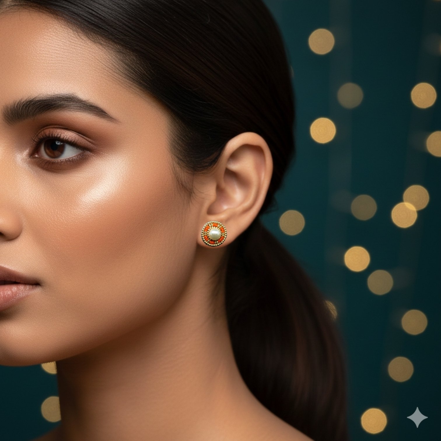 Circular Stud Earrings - Gold and Orange - Image 2