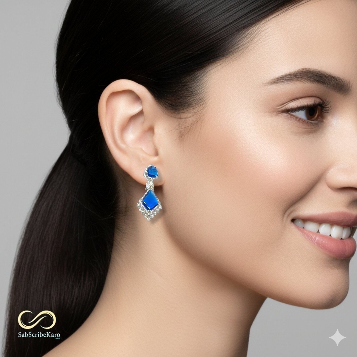 Silver Plated Blue Stone Geometric Dangler Earrings - Image 2