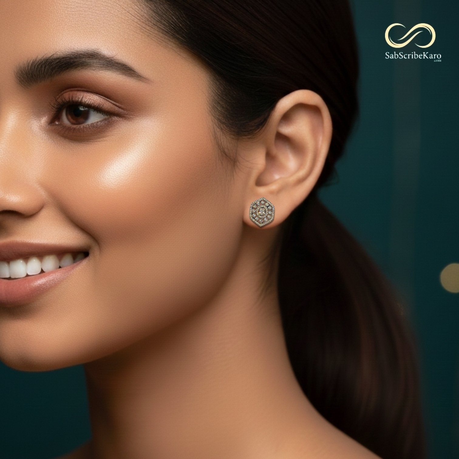 Antique Gold Hexagonal Kundan Look Studs - Image 2