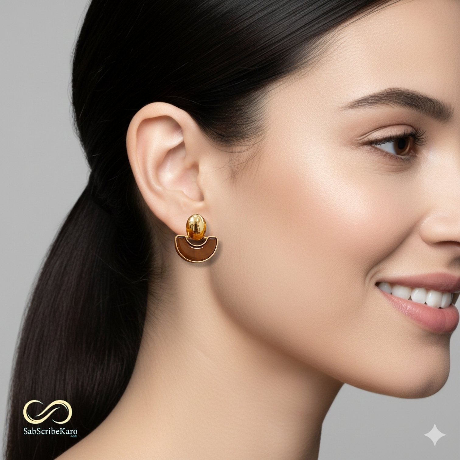 Modern Brown Enamel Semi-Circle Studs - Image 2