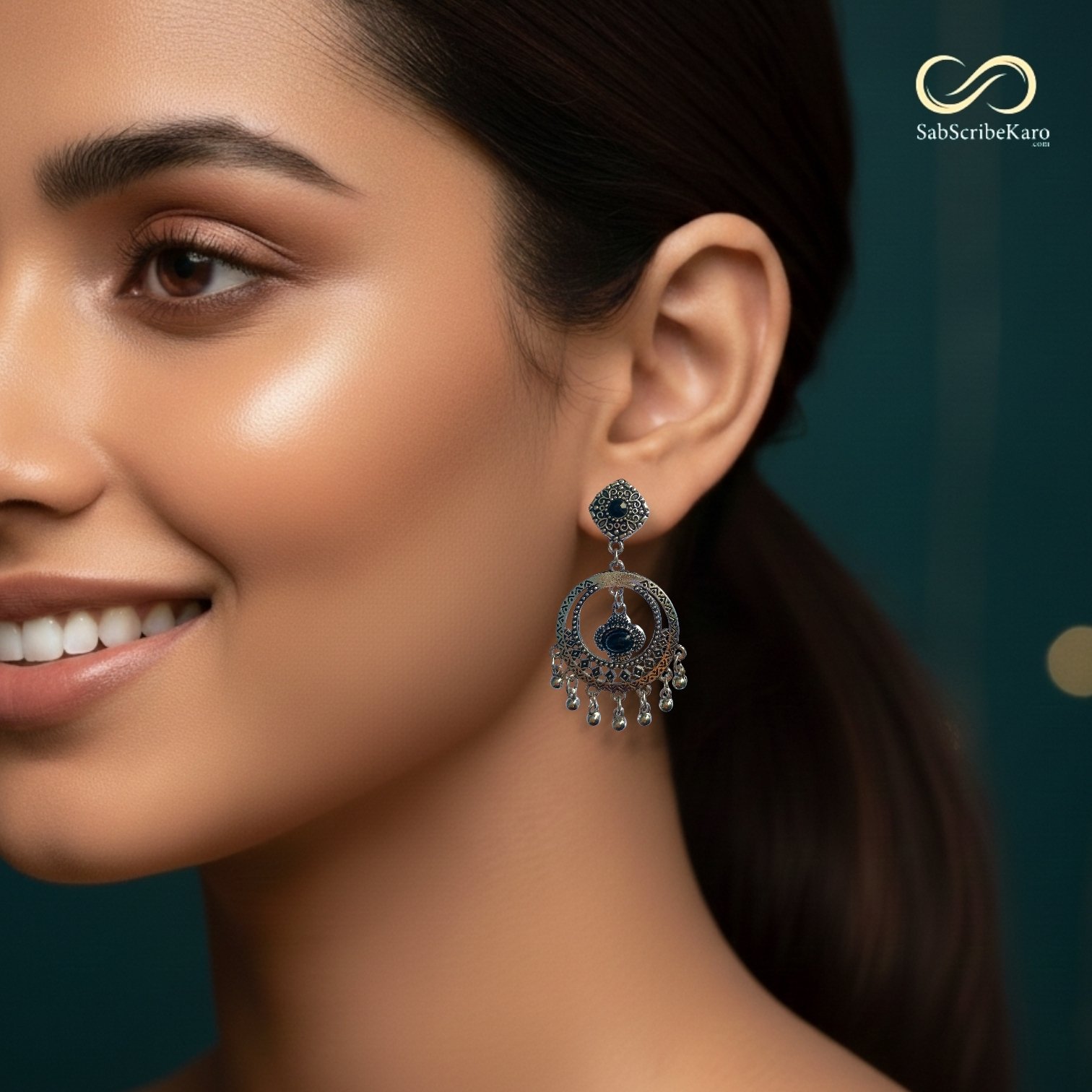 Traditional Black Stone Chandbali Jhumka - Silver - Image 2