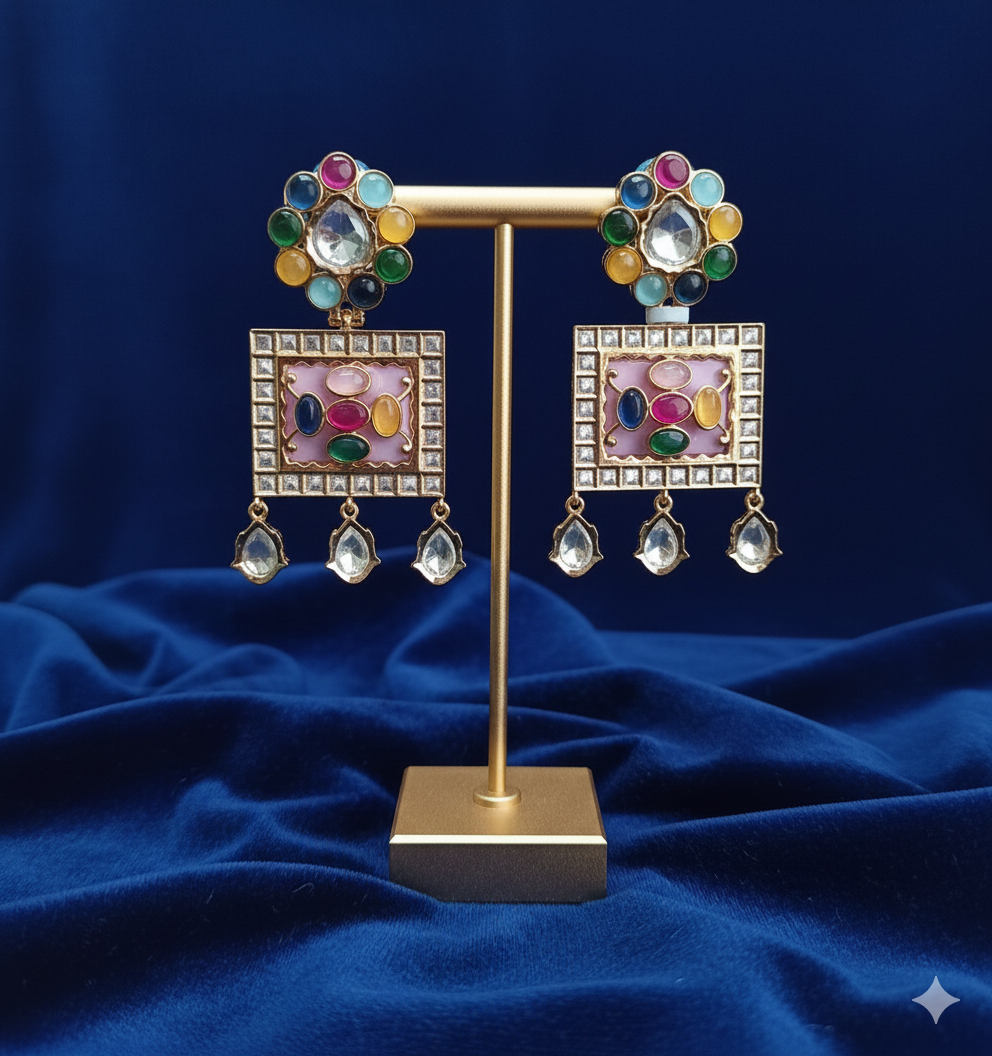 Geometric and Gilded Kundan Dangler Earrings 