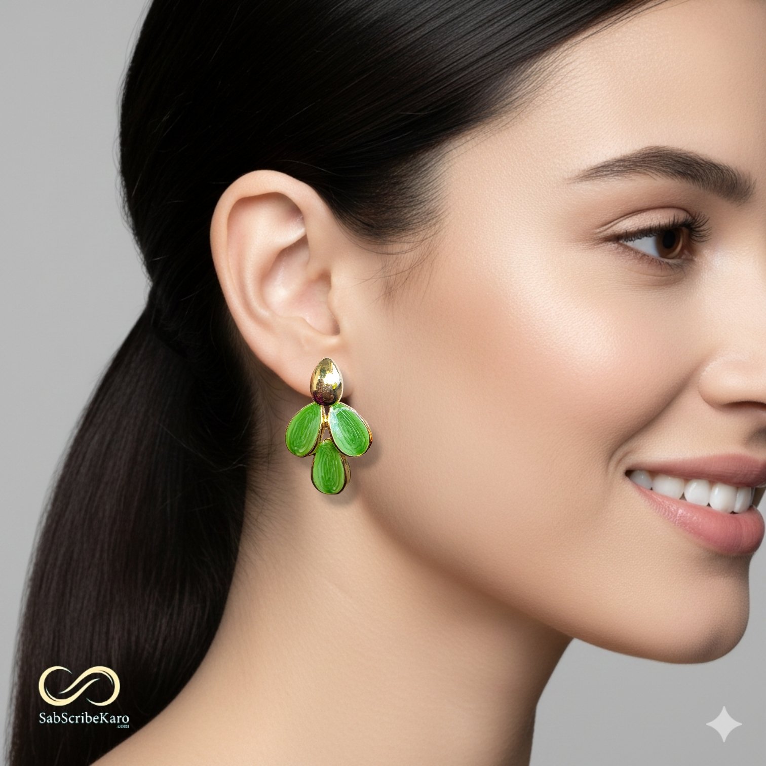 Green Enamel Leaf Drop Earrings - Image 2