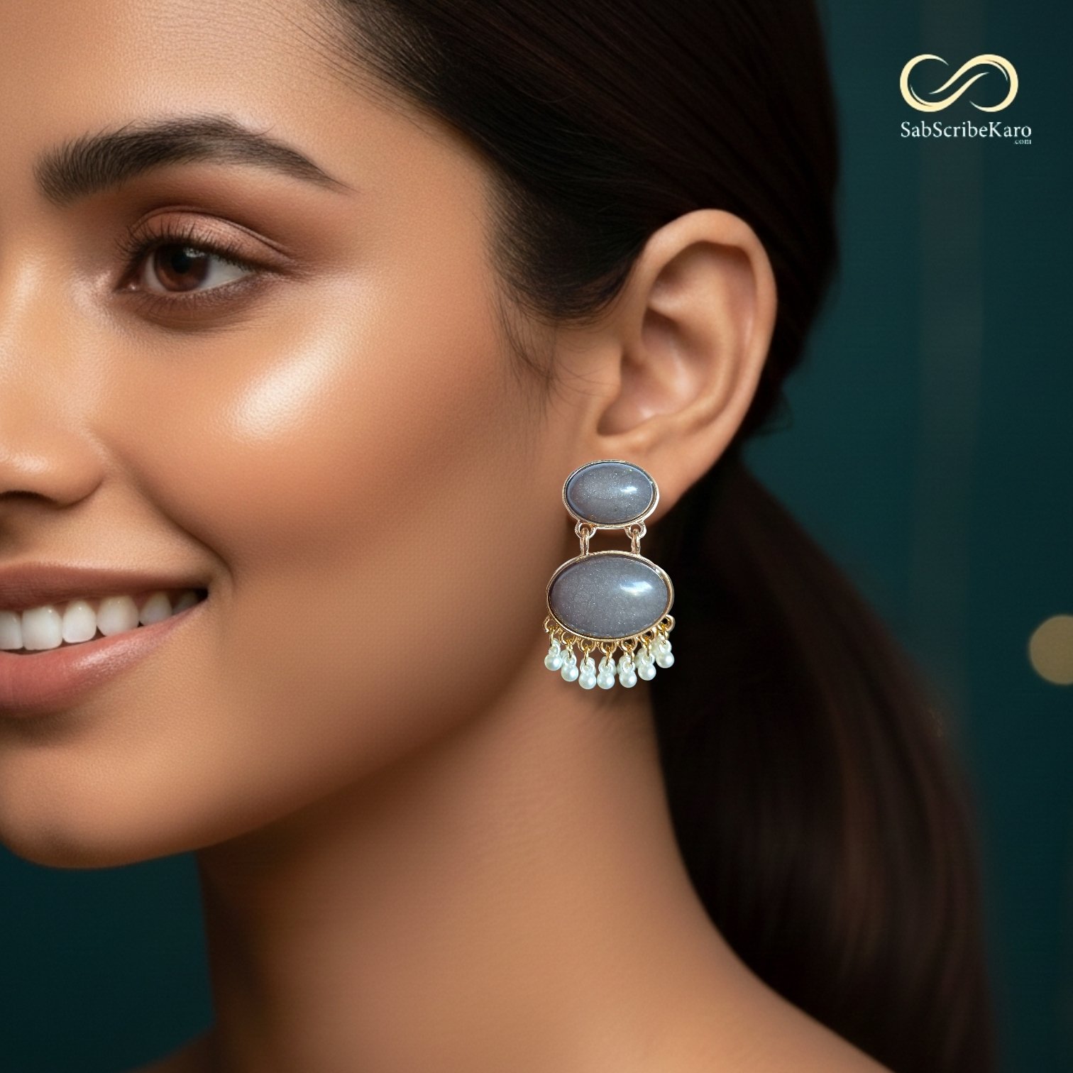 Classic Glitter with Cracked Stone Danglers - Grey - Image 2