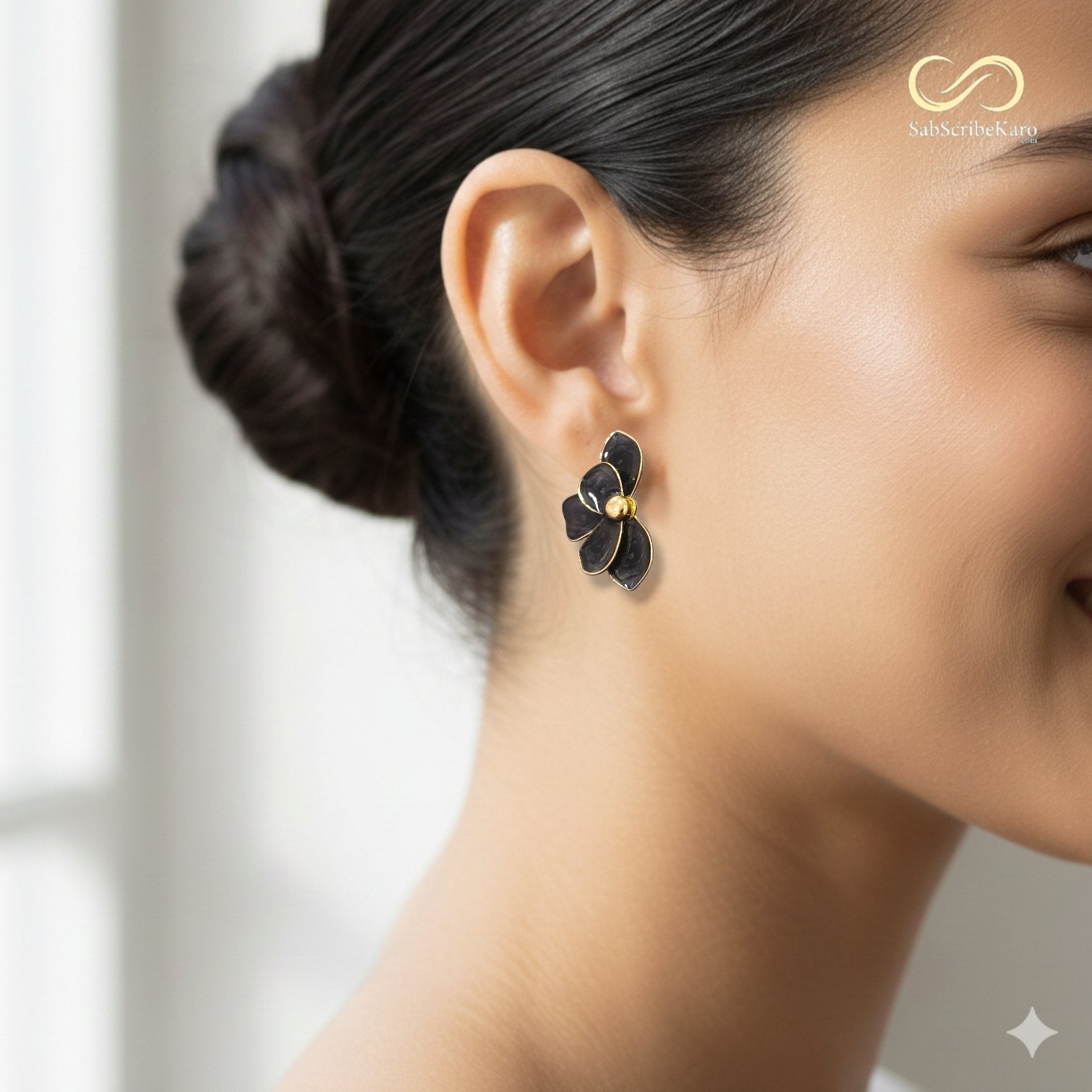 Black Enamel Floral Stud Earrings - Image 2