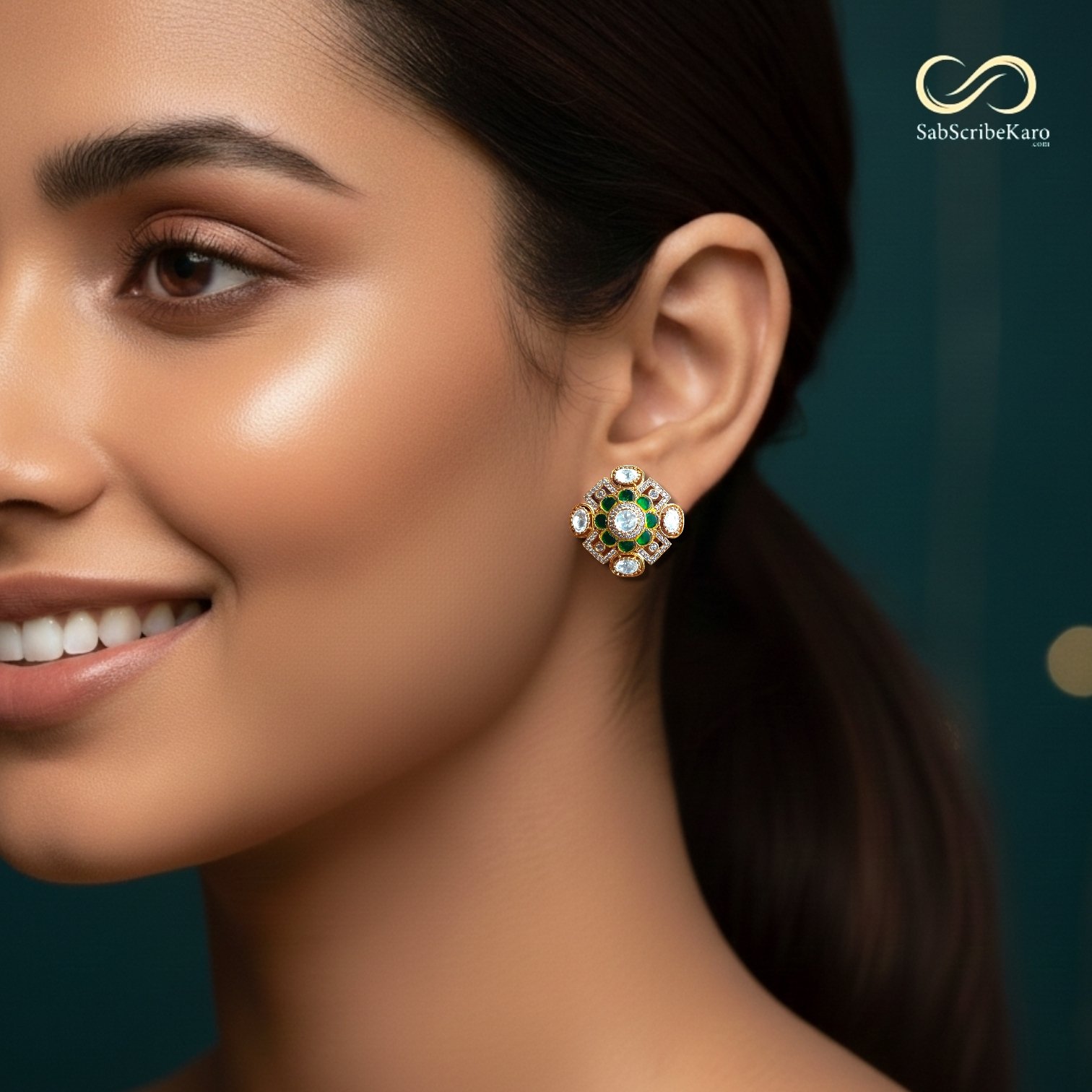 Green Meenakari Floral Polki Stud Earrings - Image 2