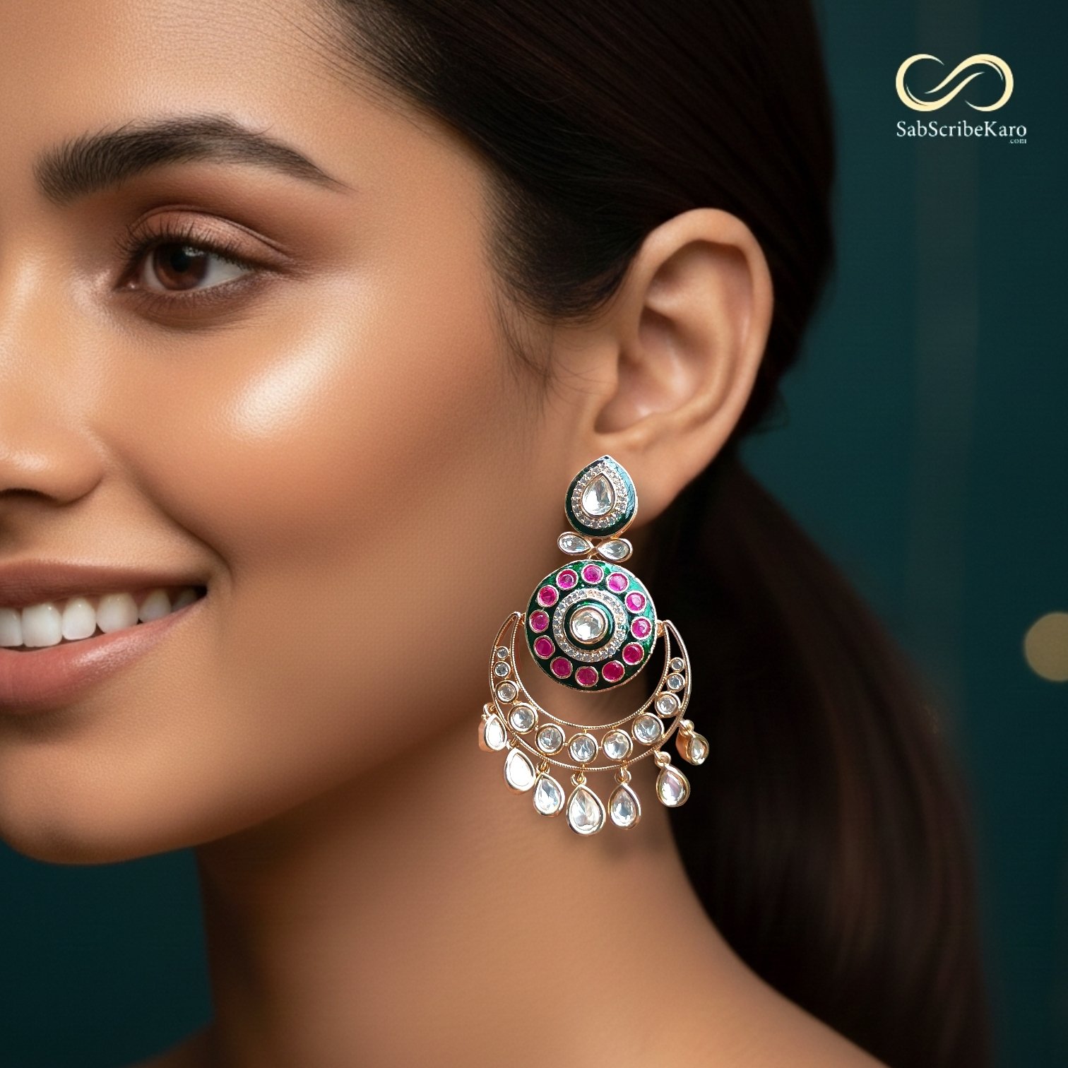 Exquisite Meenakari Chandbali with Kundan - Image 2