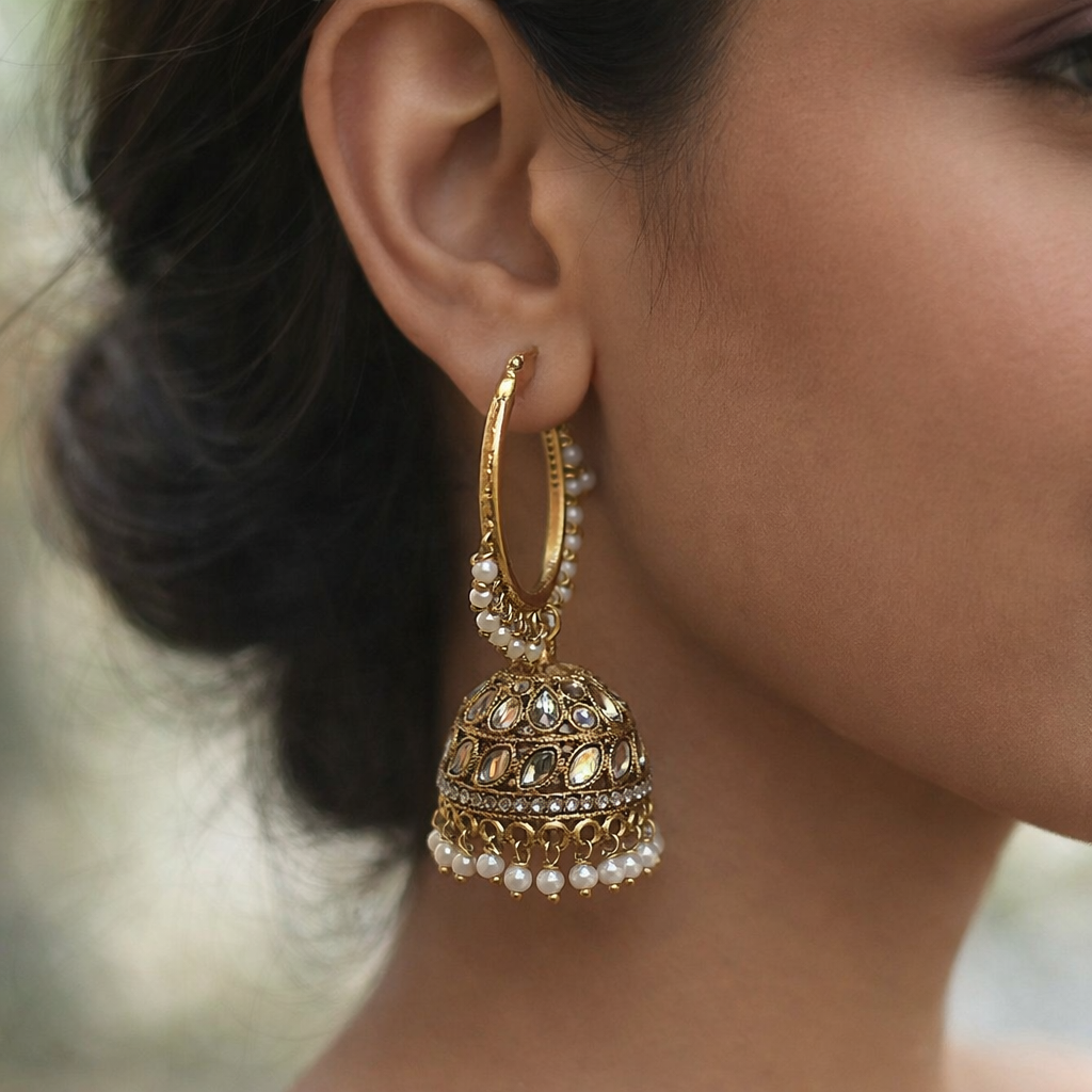 Gold Kundan Jhumka Hoop Earrings - Image 2