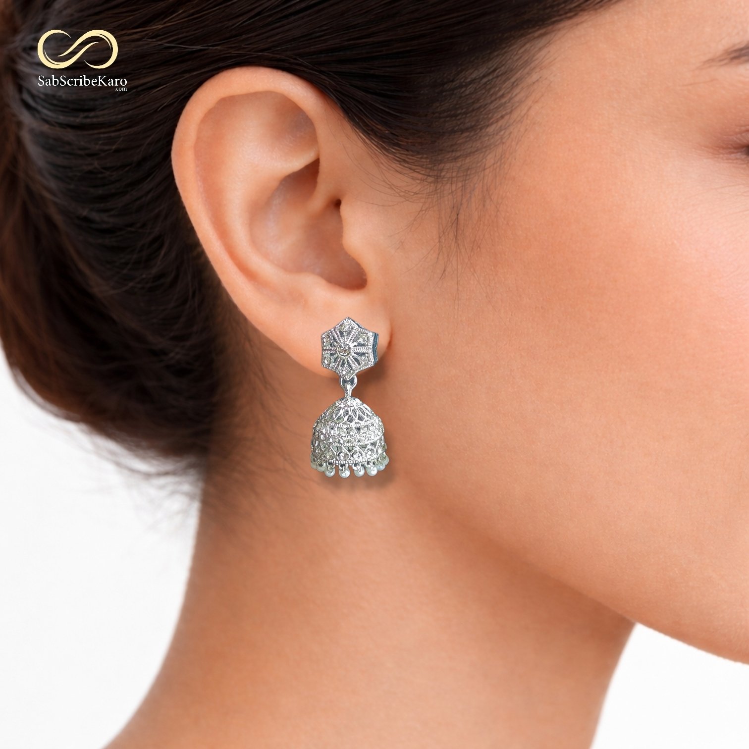 Silver Tone Filigree Jhumka Dangler - Image 2