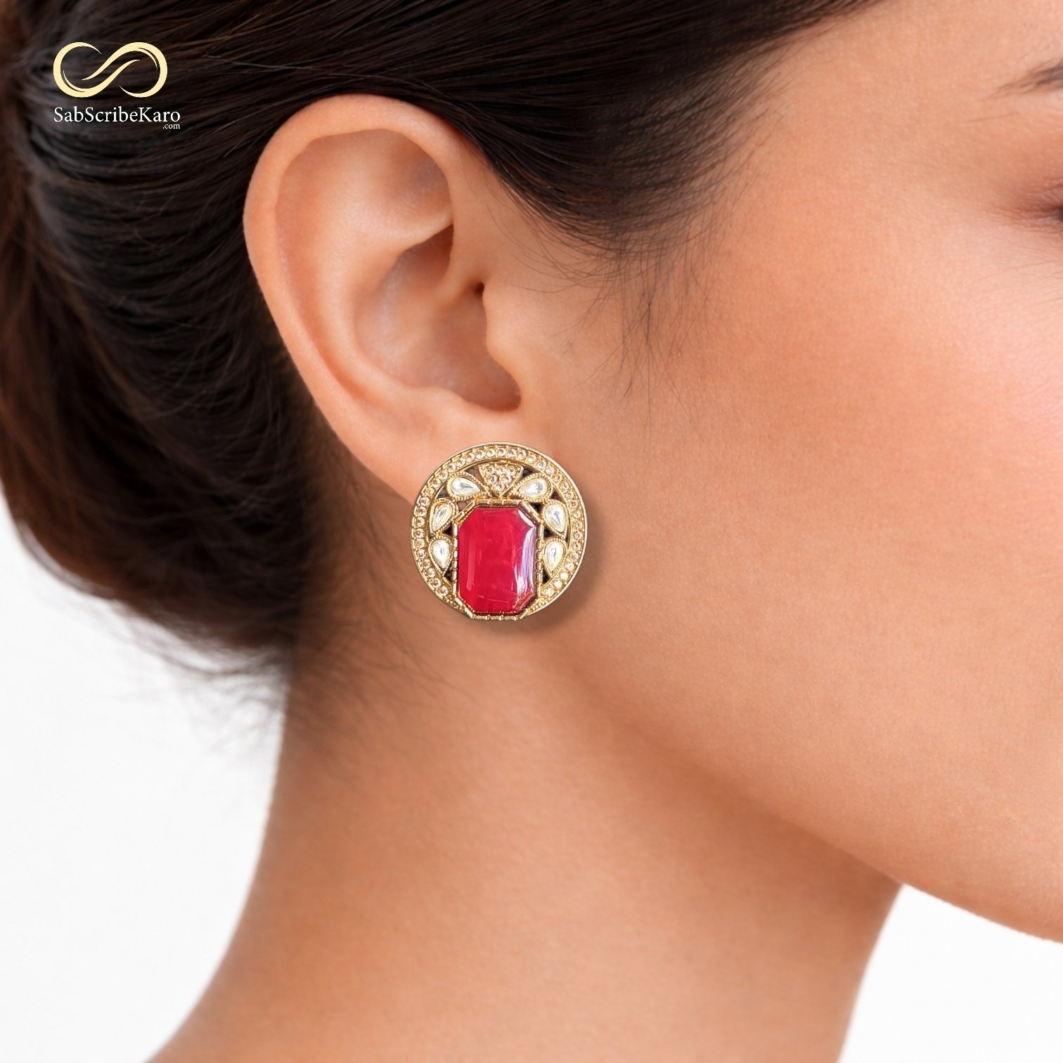 Golden Round Red Stone Stud - Image 2