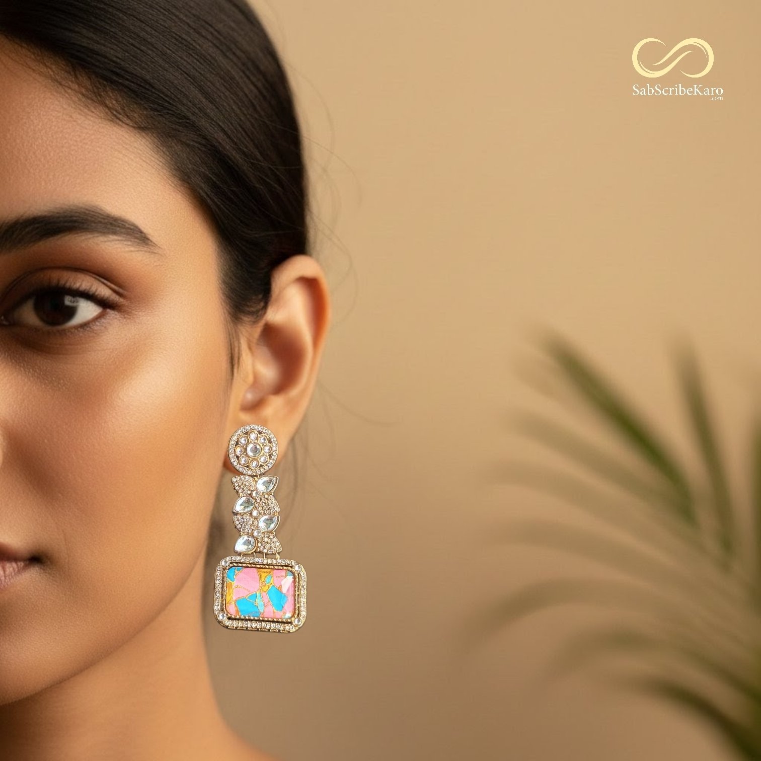 Kundan Multi-Color Stone Rectangular Drop Dangler - Image 2