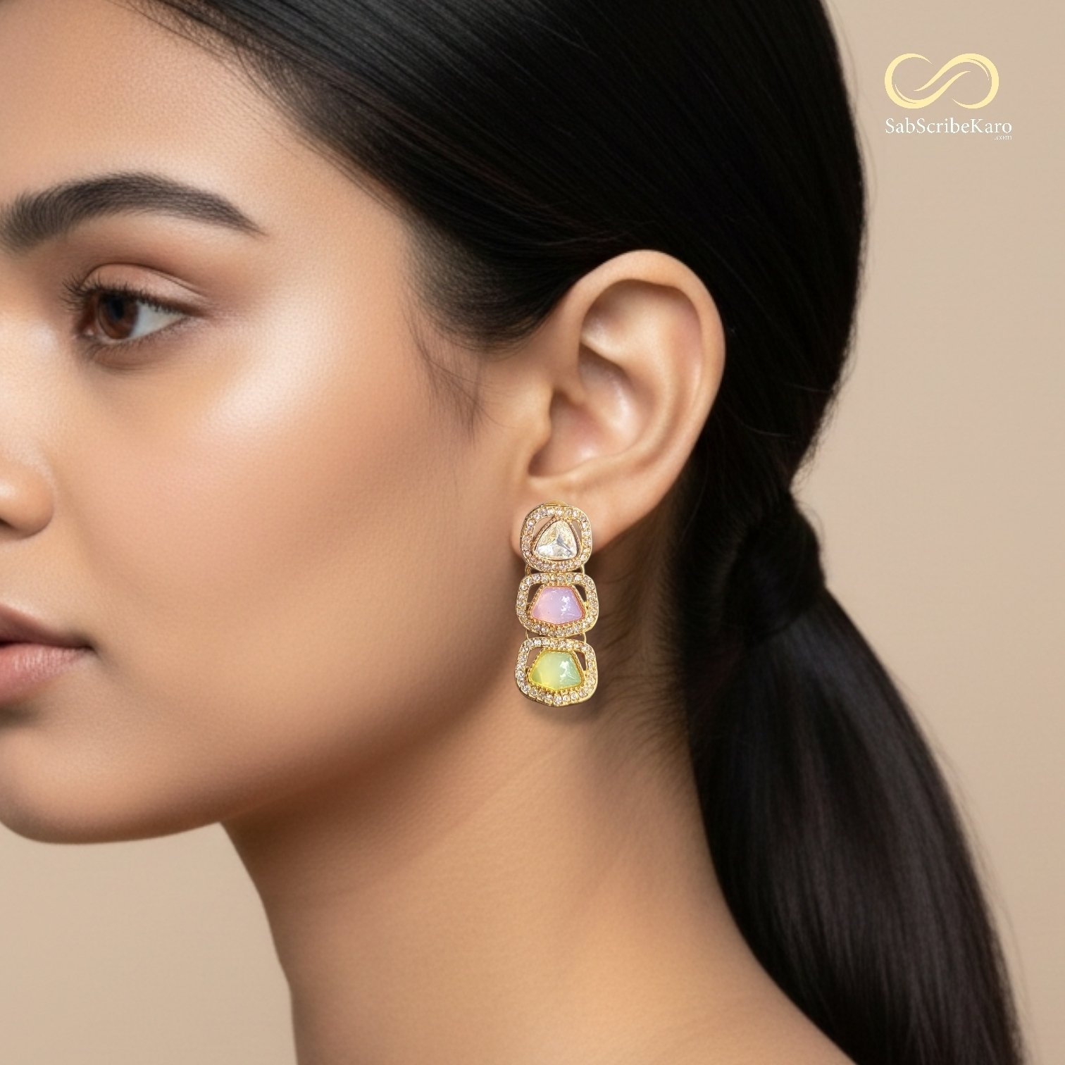 Multi-Stone Pastel Kundan Drop Dangler - Image 2