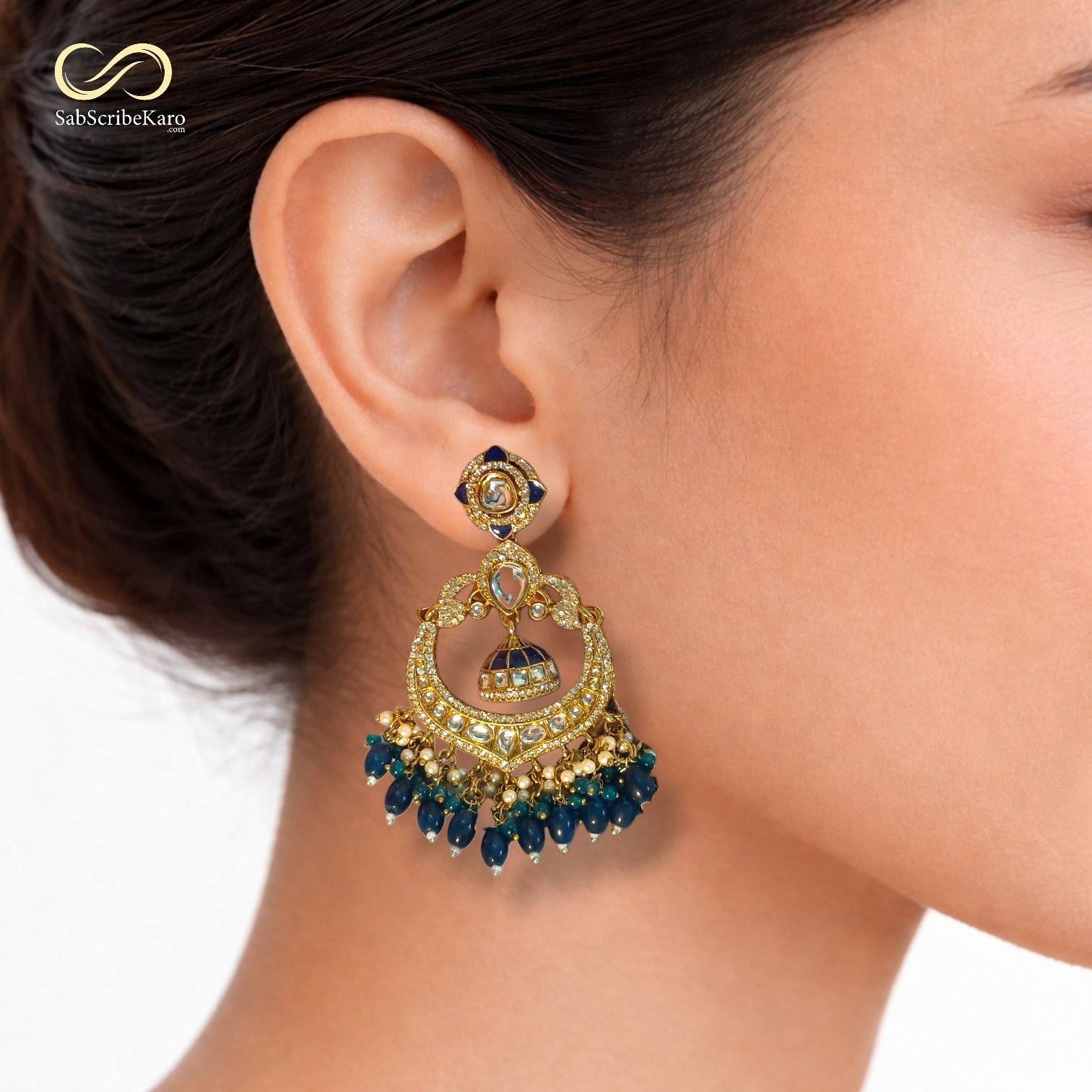 Navy Blue Bead Chandbali Jhumka Dangler - Image 2