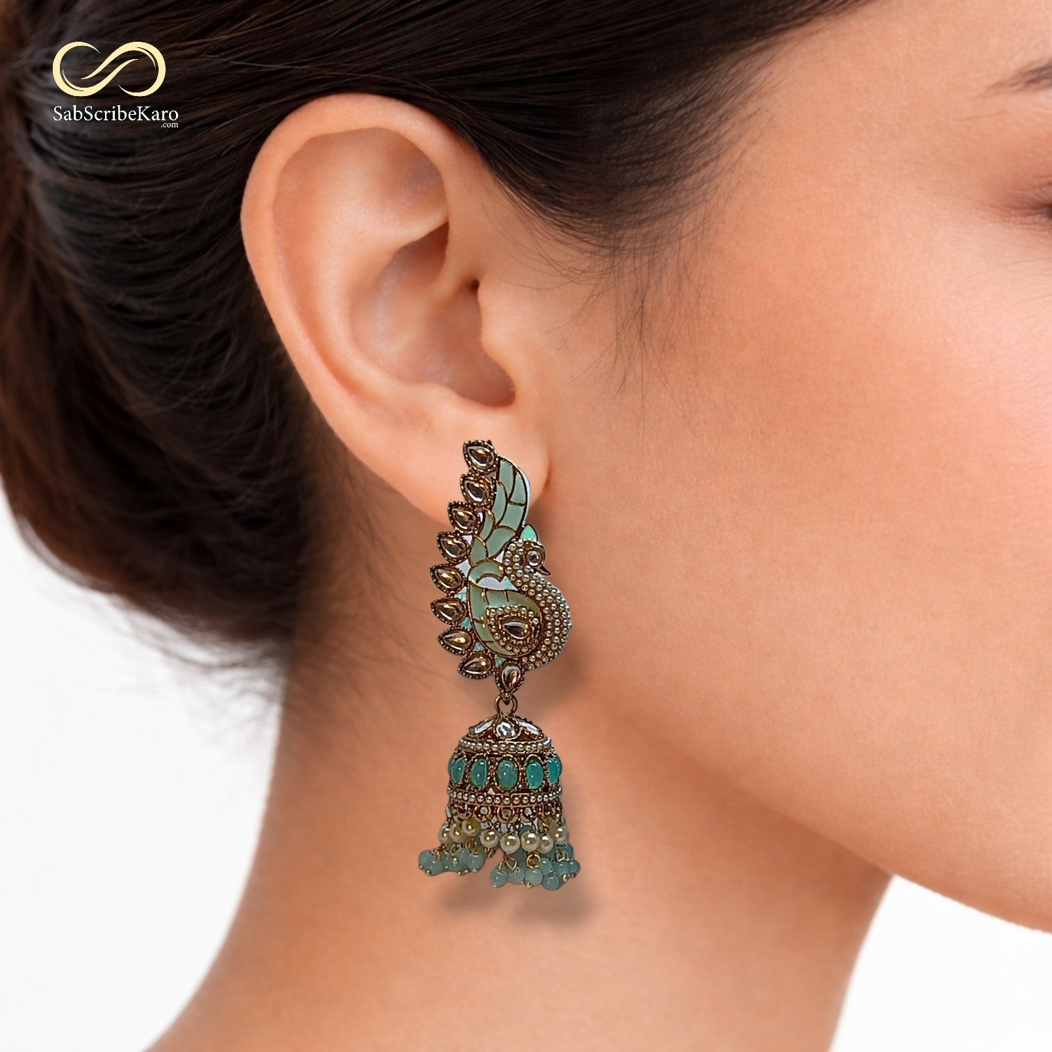 Peacock Motif Blue Kundan Jhumka Dangler  - Image 2