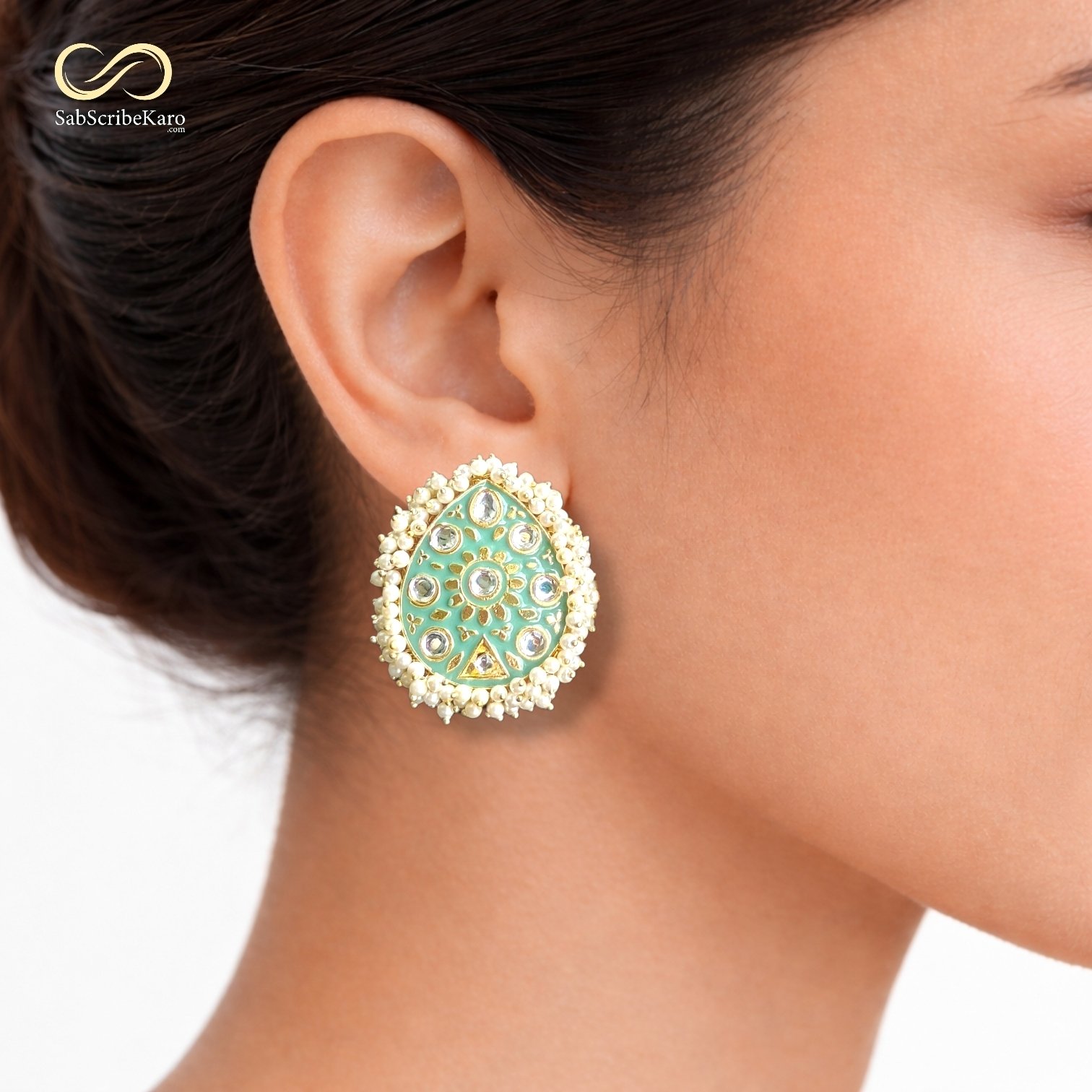 Mint Enamel Pearl Border Stud - Image 2