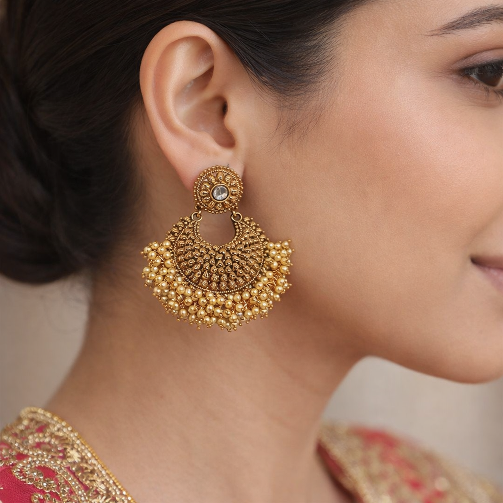 Antique Gold Pearl Chandbali Dangler - Image 2