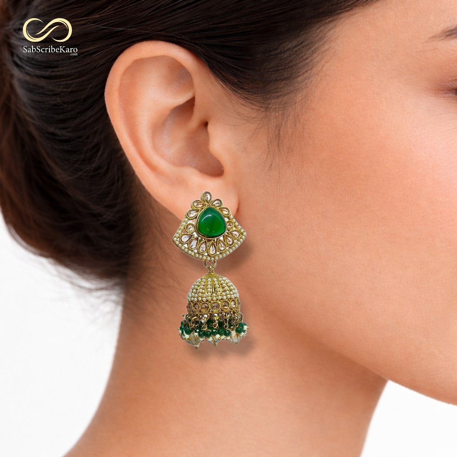 Green Stone Kundan Jhumka and Filigree Pearl Design Dangler - Image 2