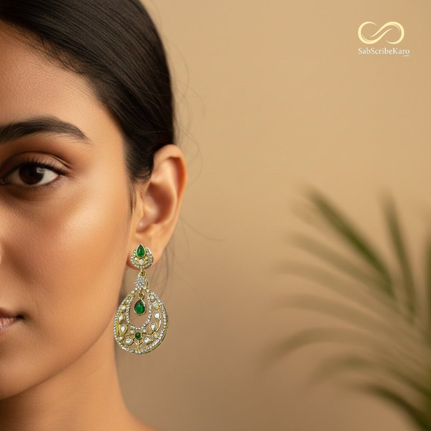 Gold Green Stone Filigree Drop Kundan Dangler - Image 2