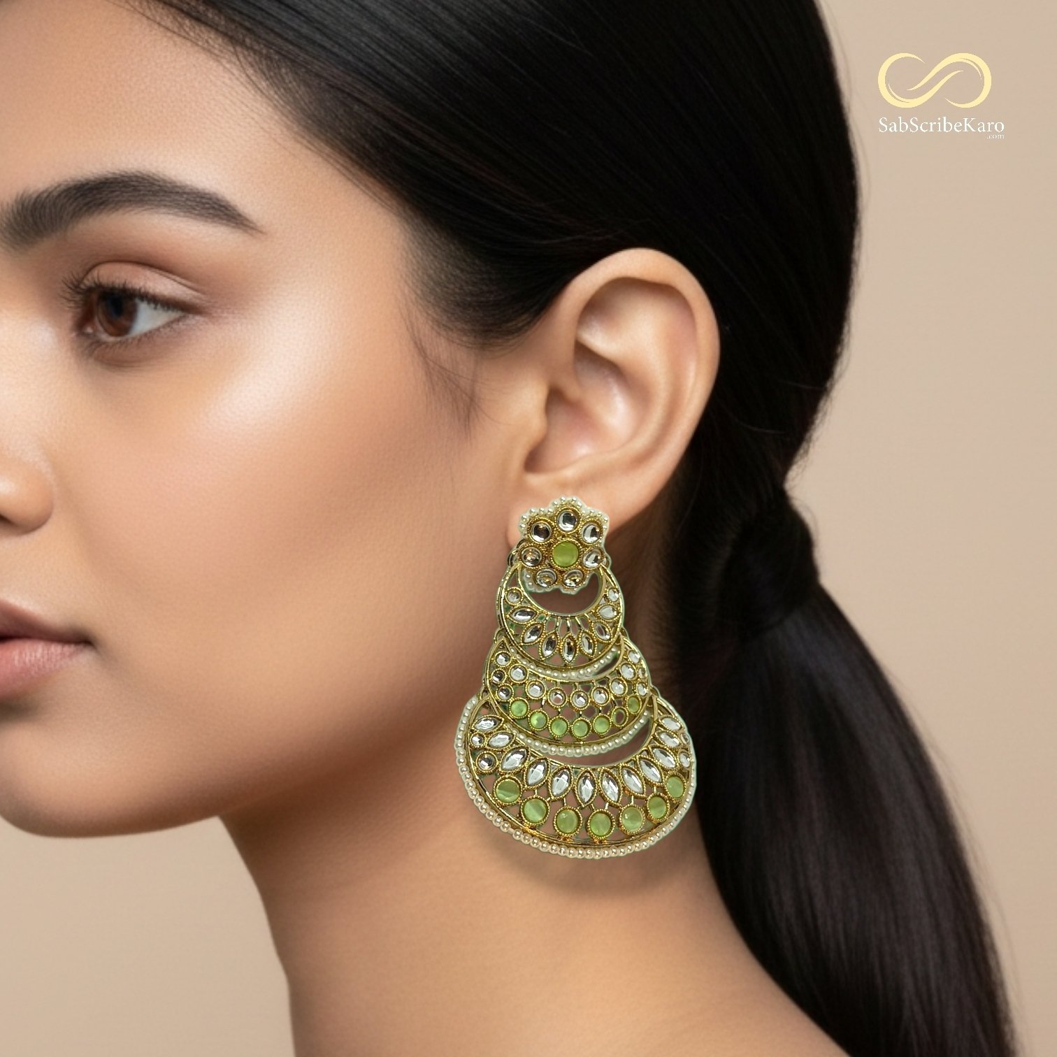 Sage Green Layered Chandbali Dangler - Image 2