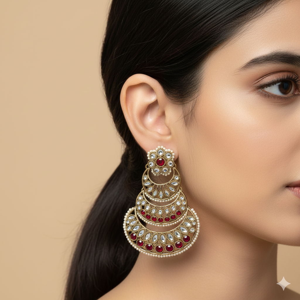 Layered Chandbali Earrings with Ruby Red Imitation Stones - Image 2