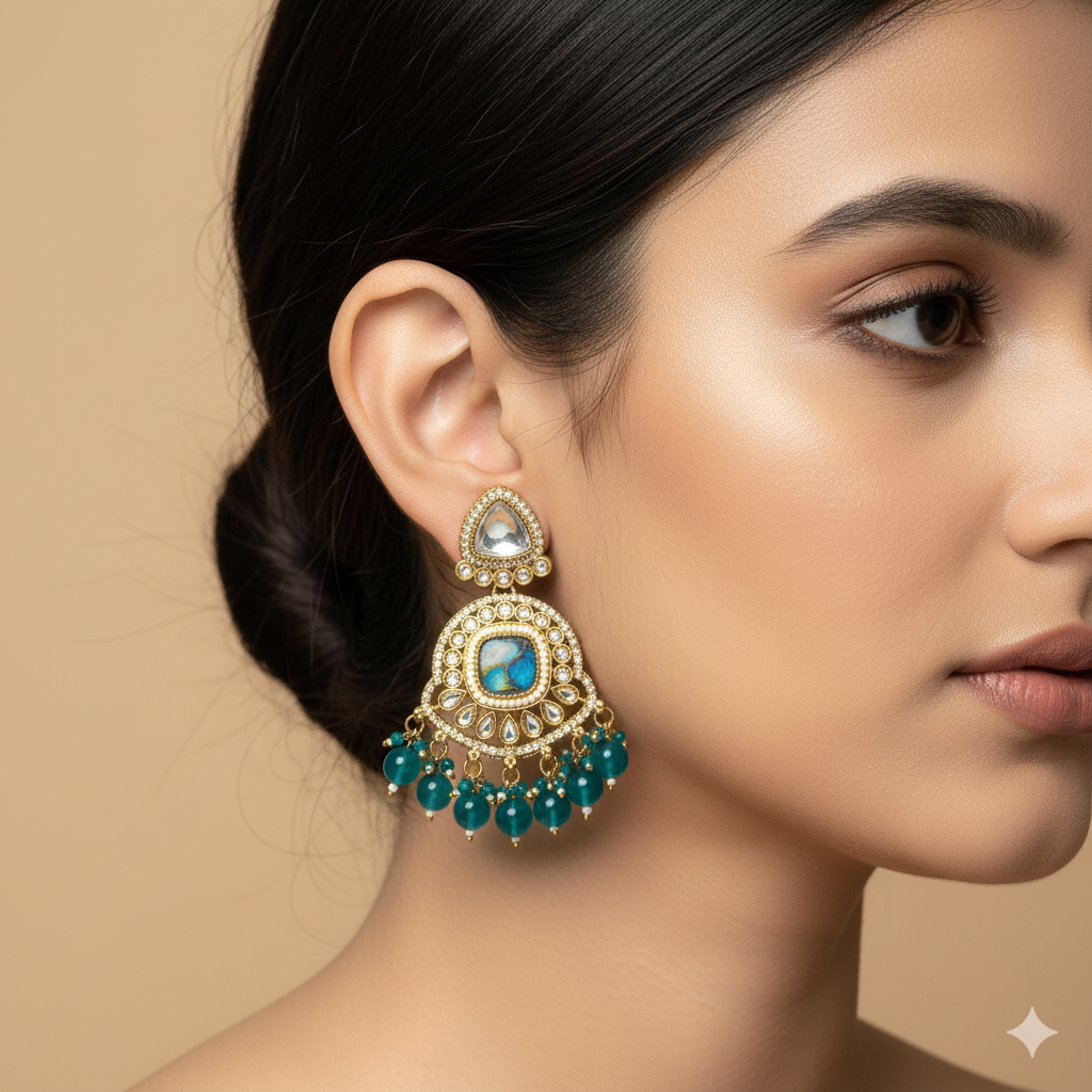 Teal Blue Polki Drop Earrings with Beaded Fringe - Image 2