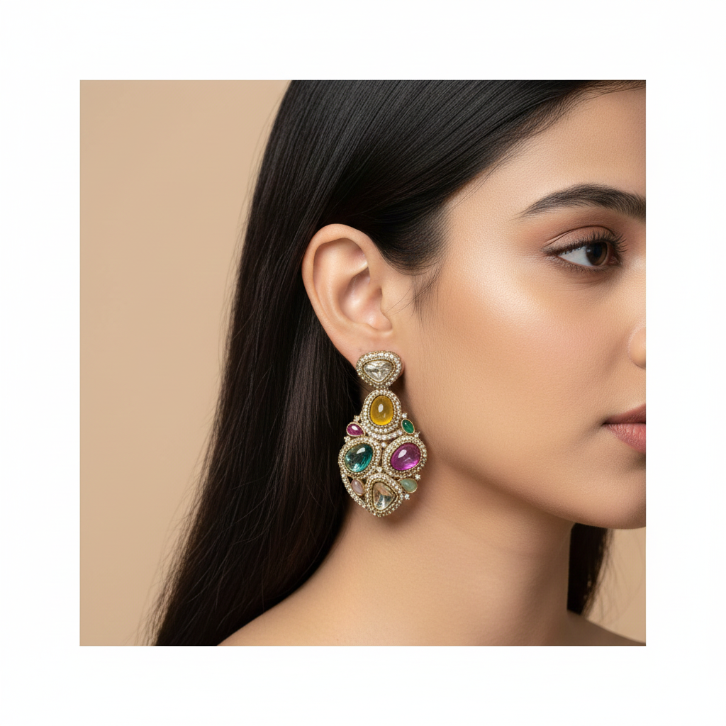 Polki Style Multistone Cluster Dangler Earrings - Image 2