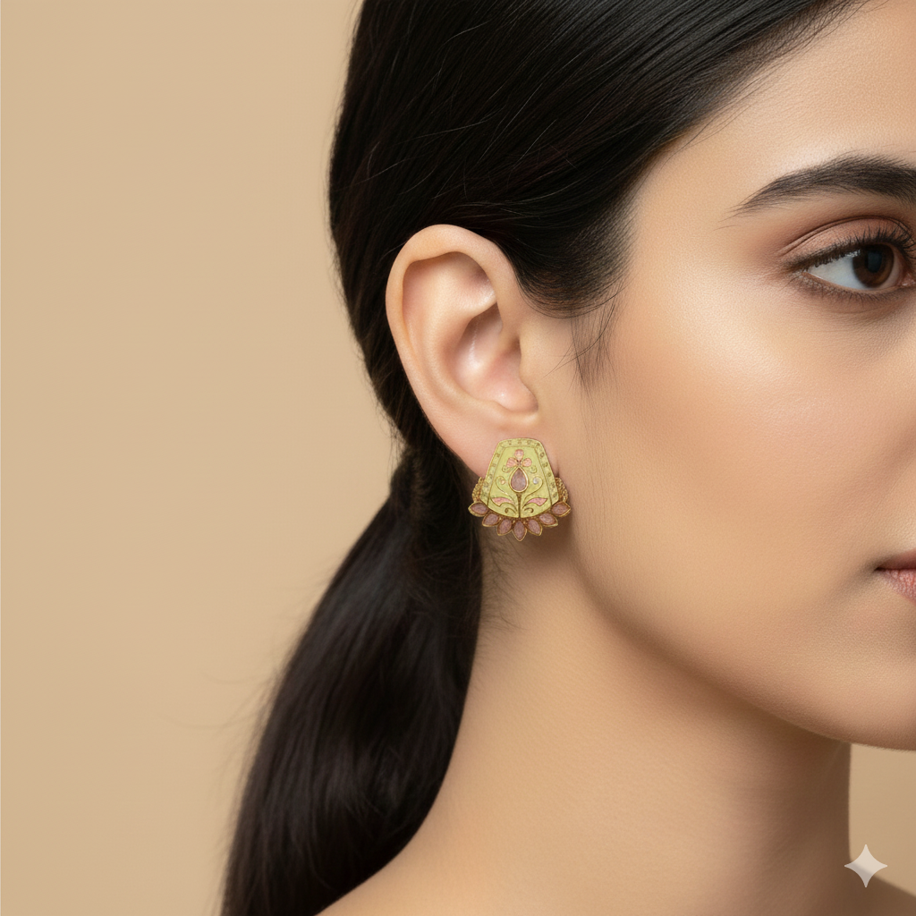 White Meenakari Stud Earrings with Pink Stones - Image 2