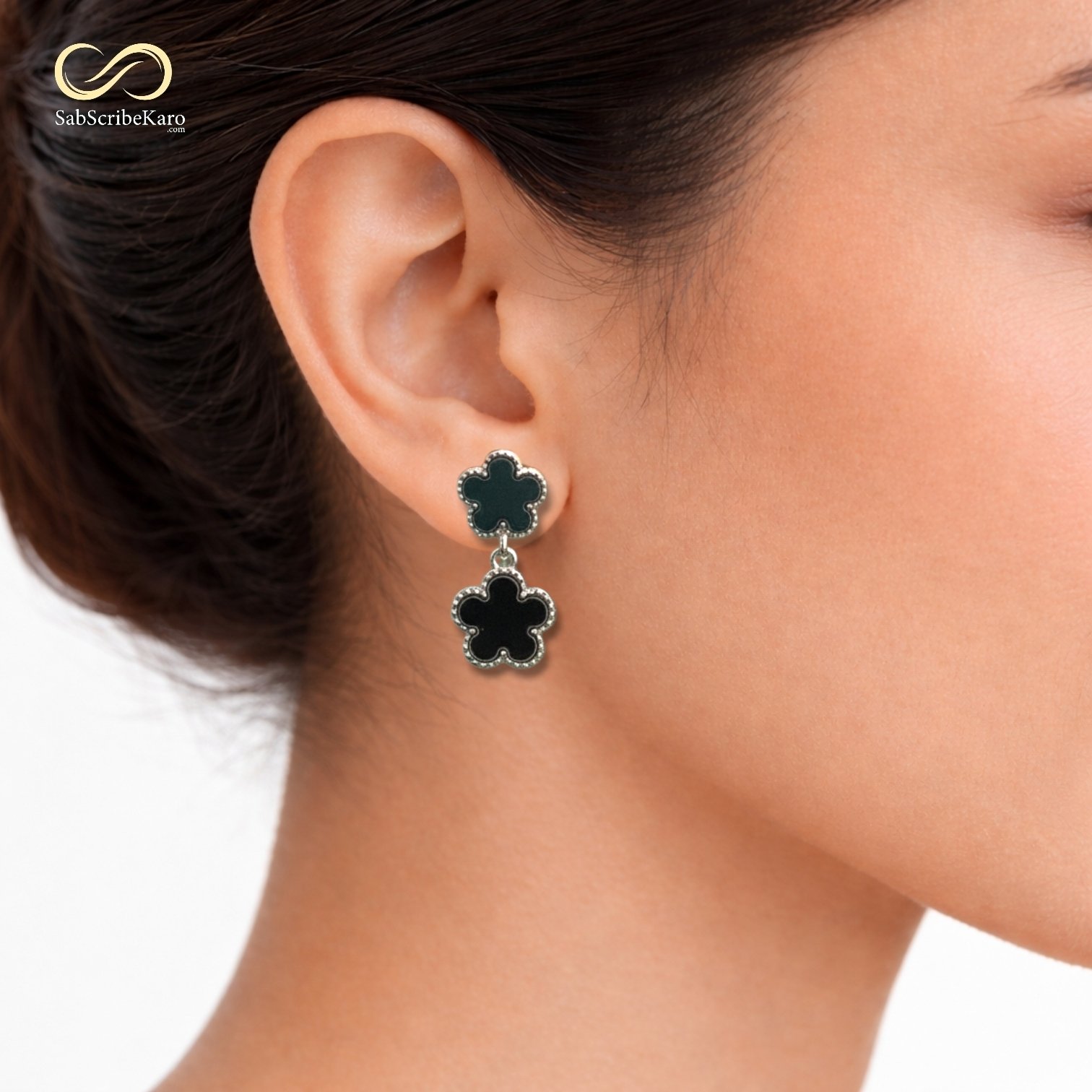 Black Enamel Flower Drop Earrings - Image 2
