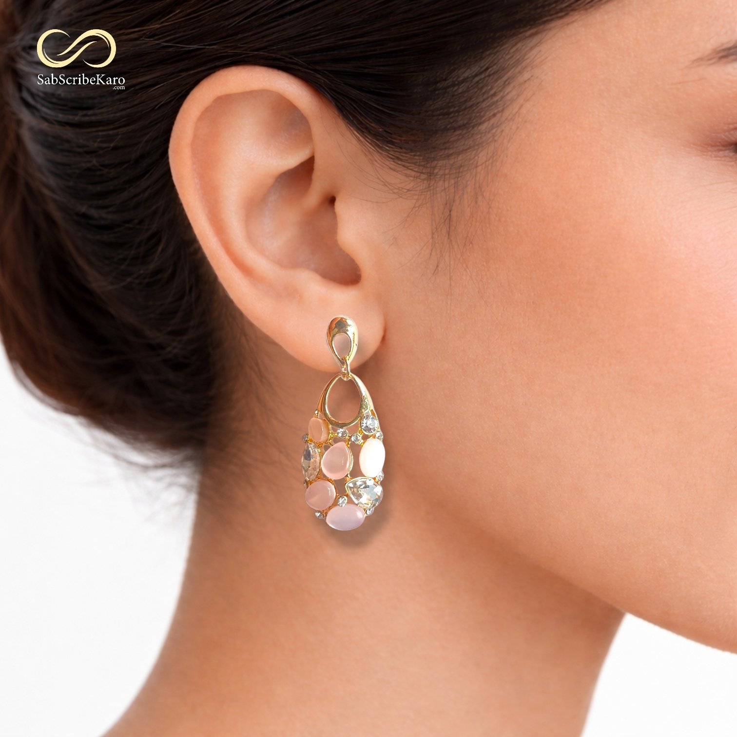 Peach Oval Stone and Crystal Dangler - Image 2