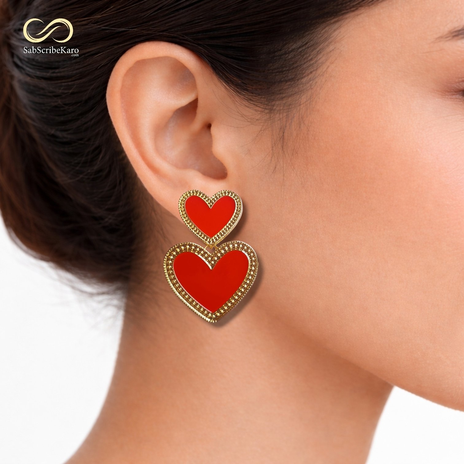 Dual Red Enamel Heart Dangler Earrings - Image 2
