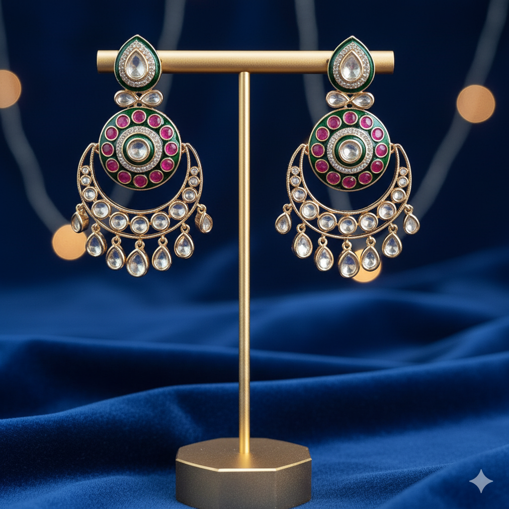 Exquisite Meenakari Chandbali with Kundan
