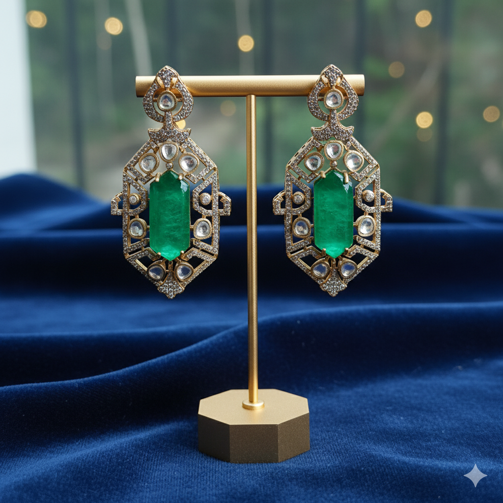 Emerald Green and Polki Drop Earrings