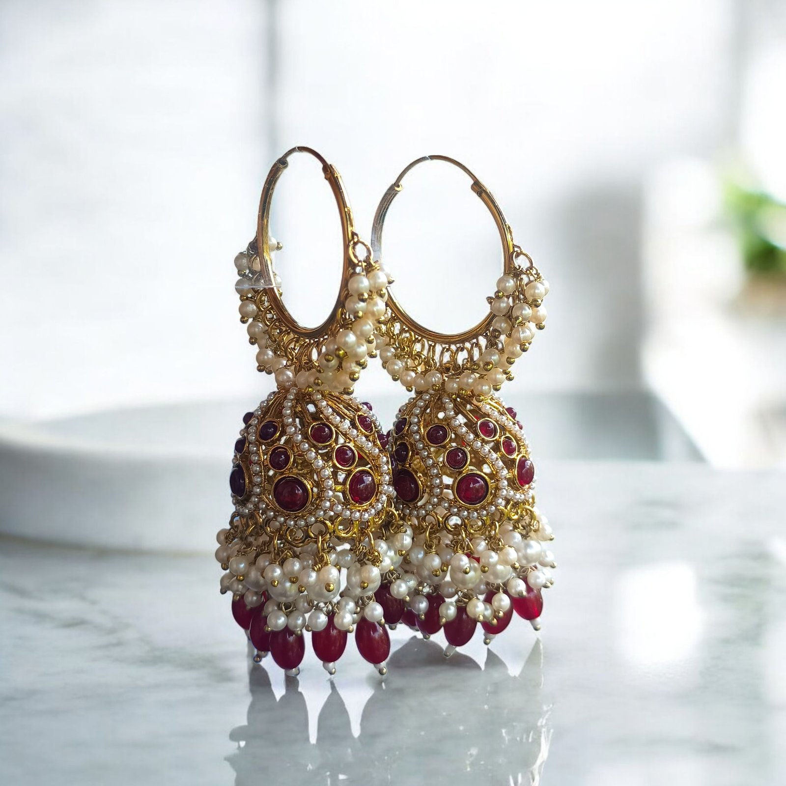 Heavily Beaded Ruby Pearl Jhumka Hoops