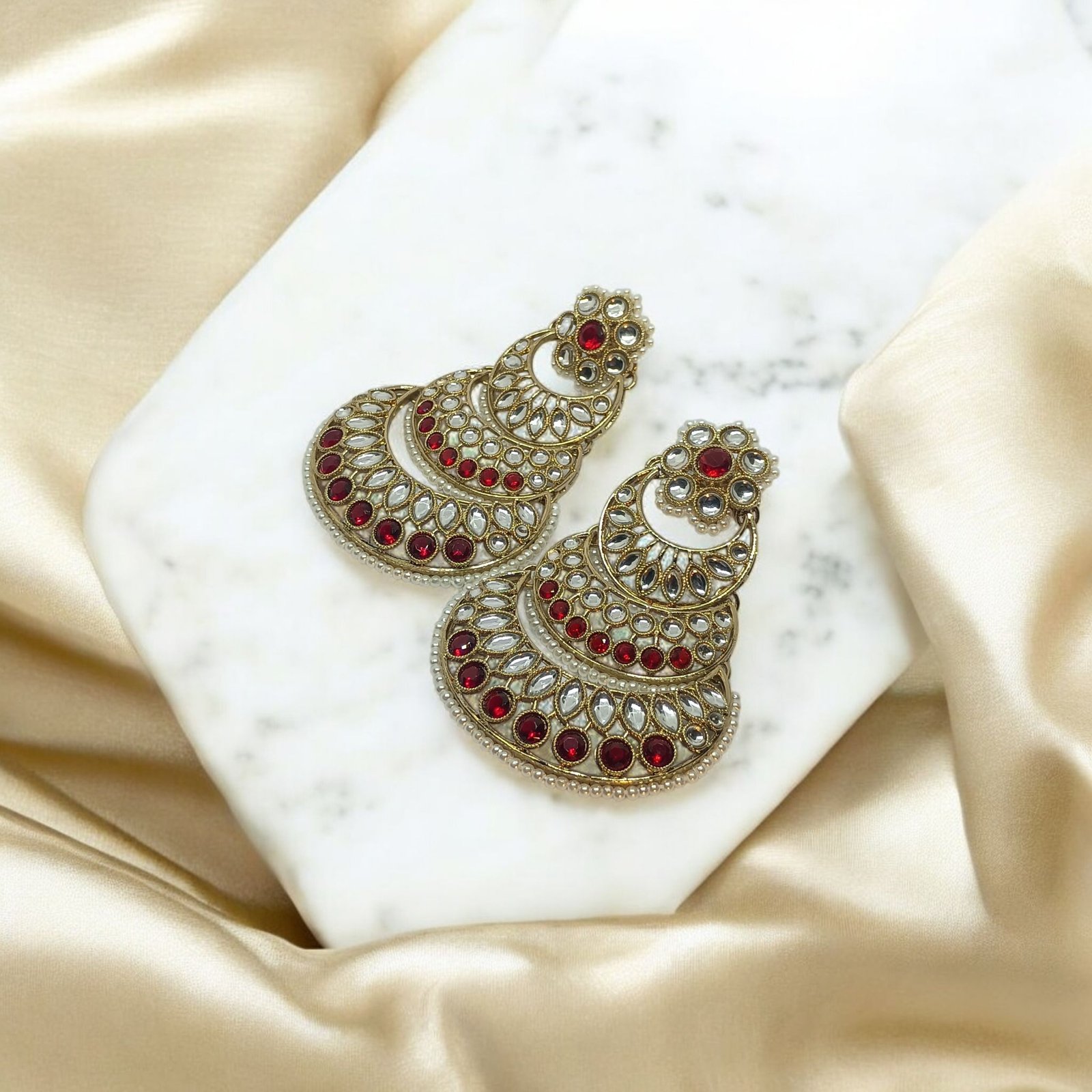 Layered Chandbali Earrings with Ruby Red Imitation Stones