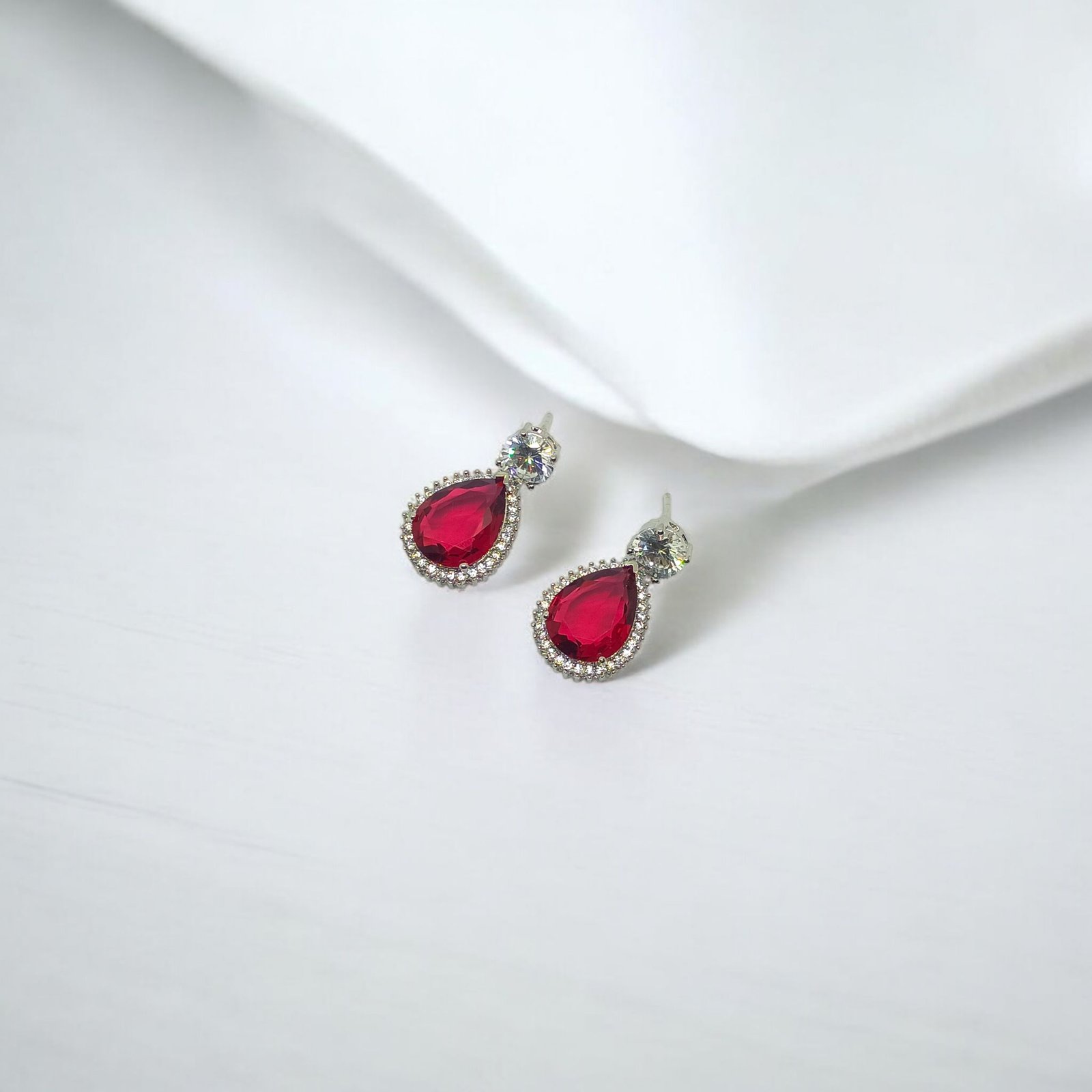 Silver Plated Deep Red Teardrop Drop Earrings