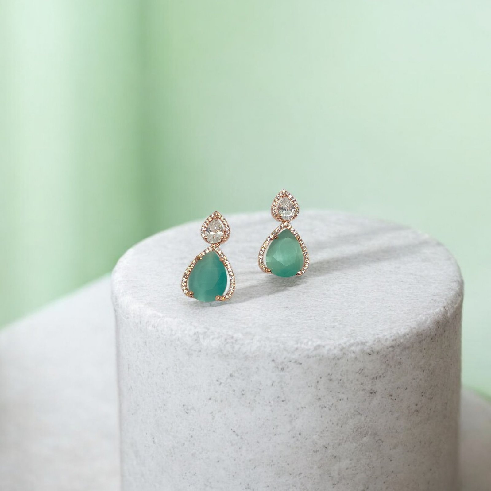 Rose Gold Plated Aqua Green Teardrop Drop Earrings