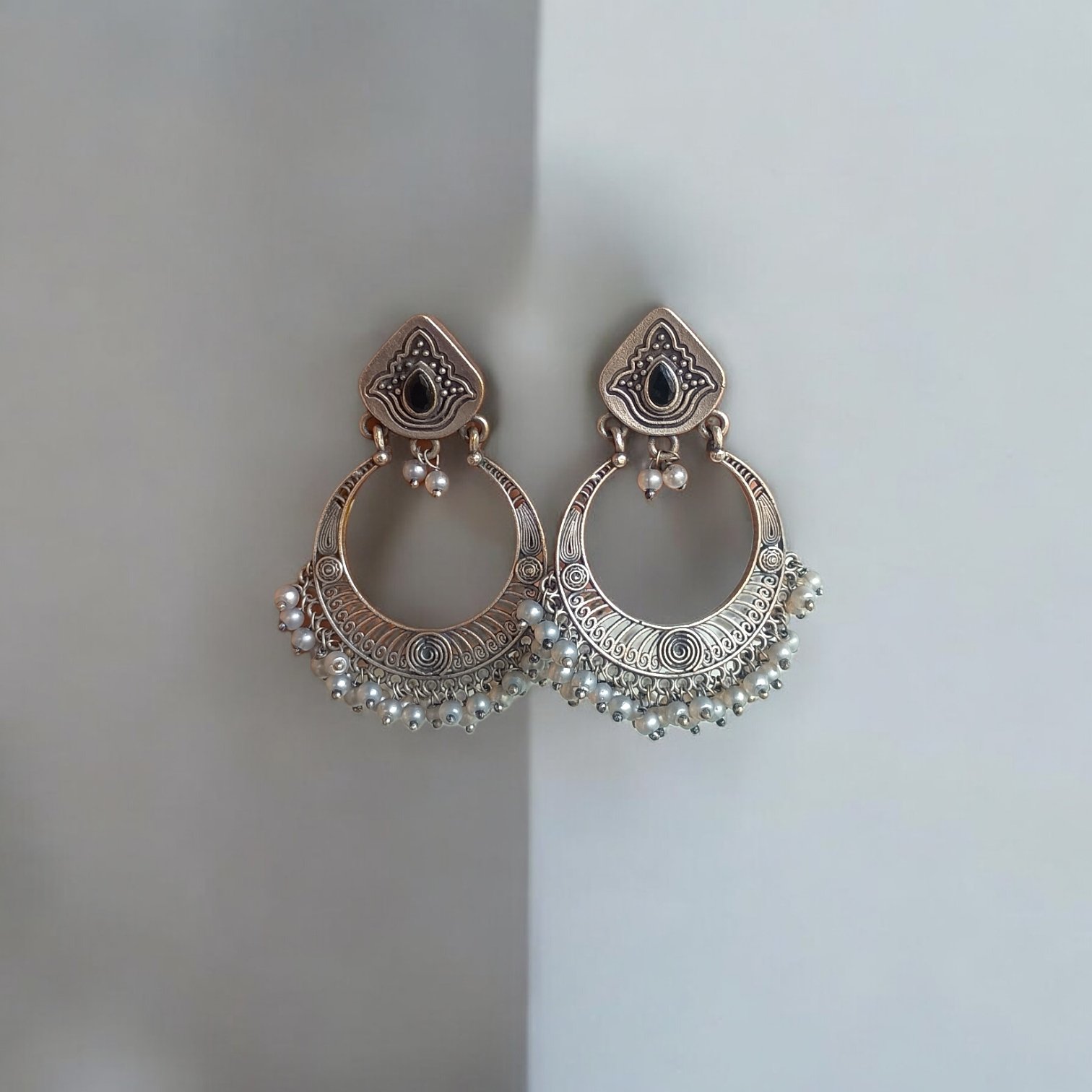 Classic Oxidised Chandbali with Black Stone and Pearl Fringes