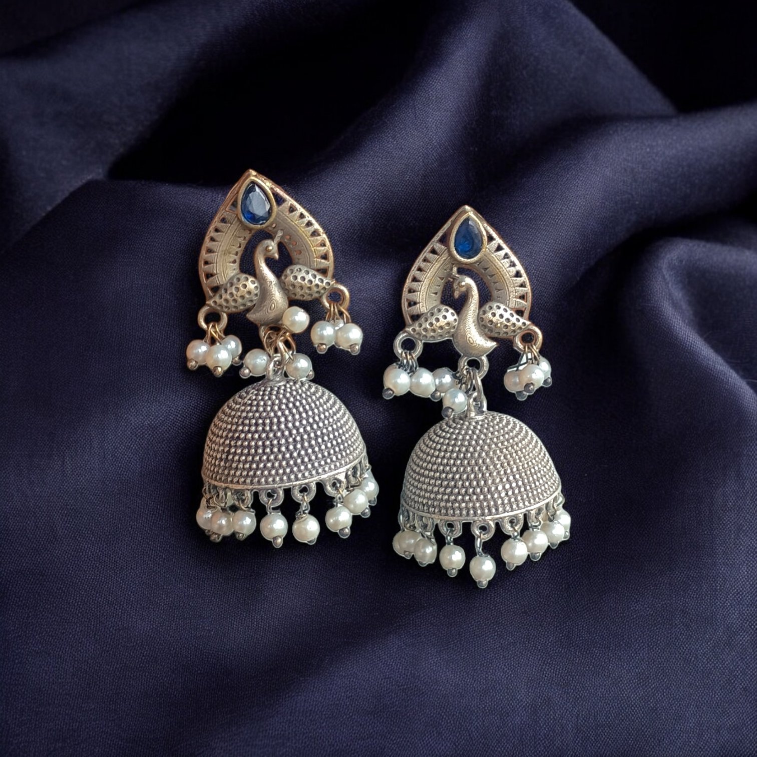 Majestic Peacock Blue Stone Jhumka