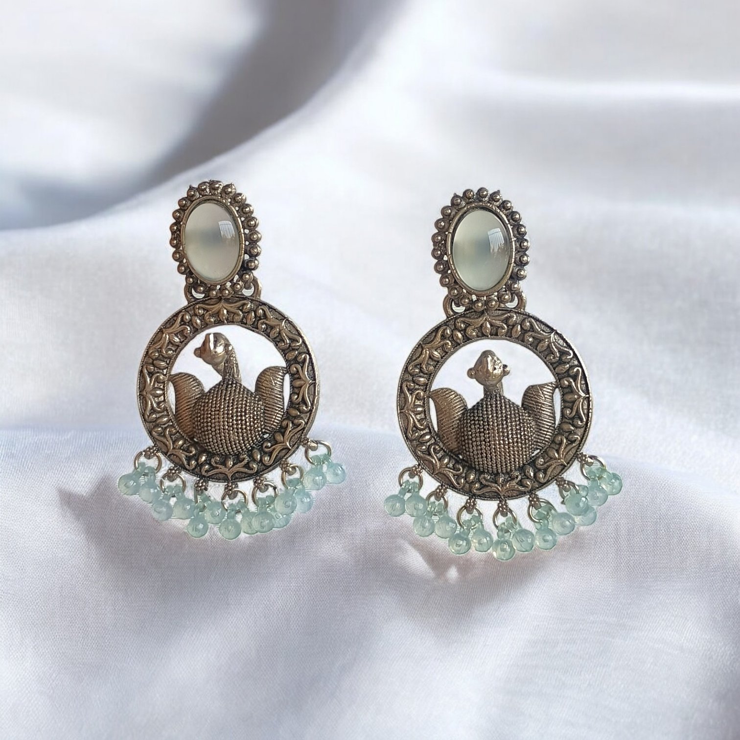 Regal Peacock Circular Chandbali with Mint Beads