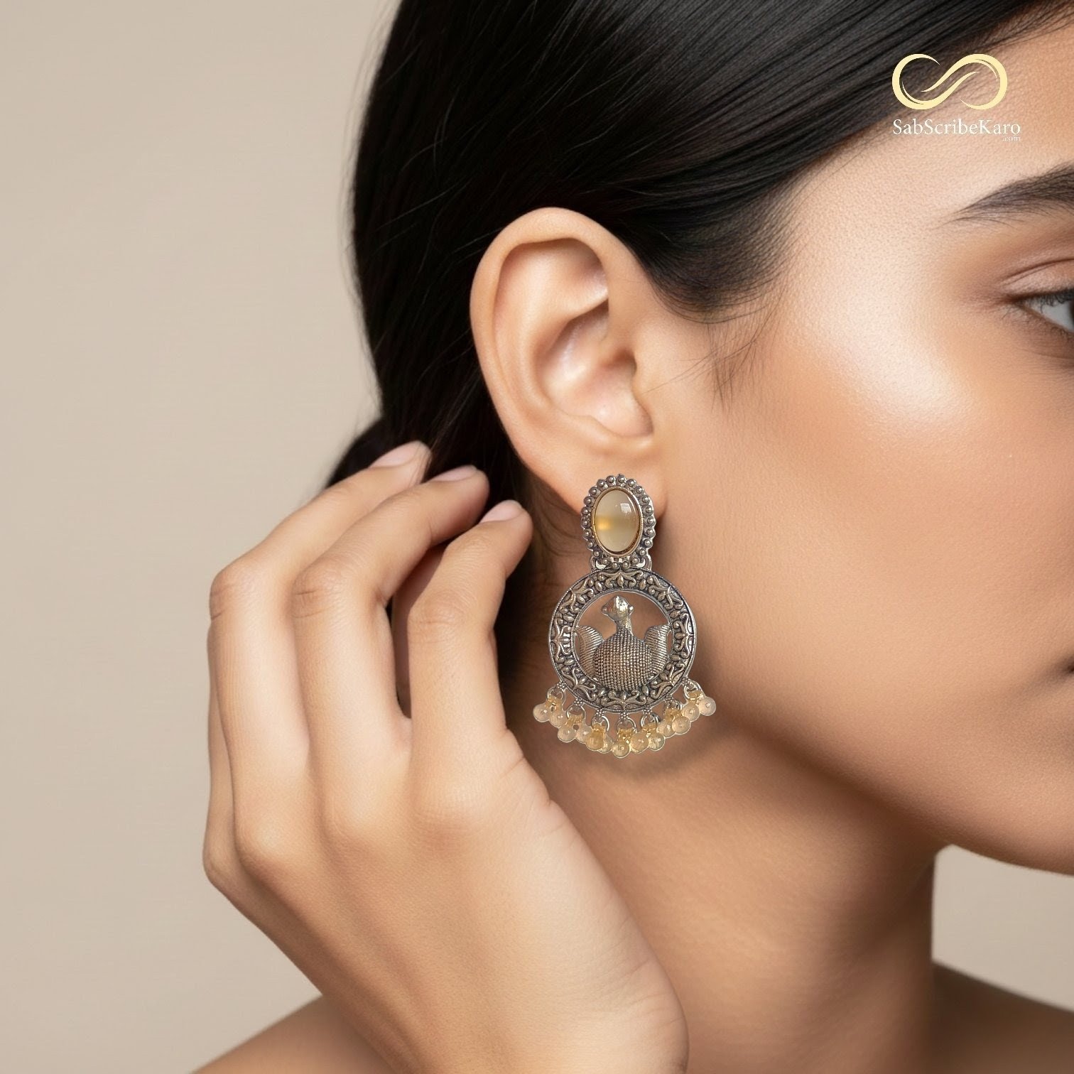 Vintage Peacock Circular Dangler with Peach Beads - Image 2