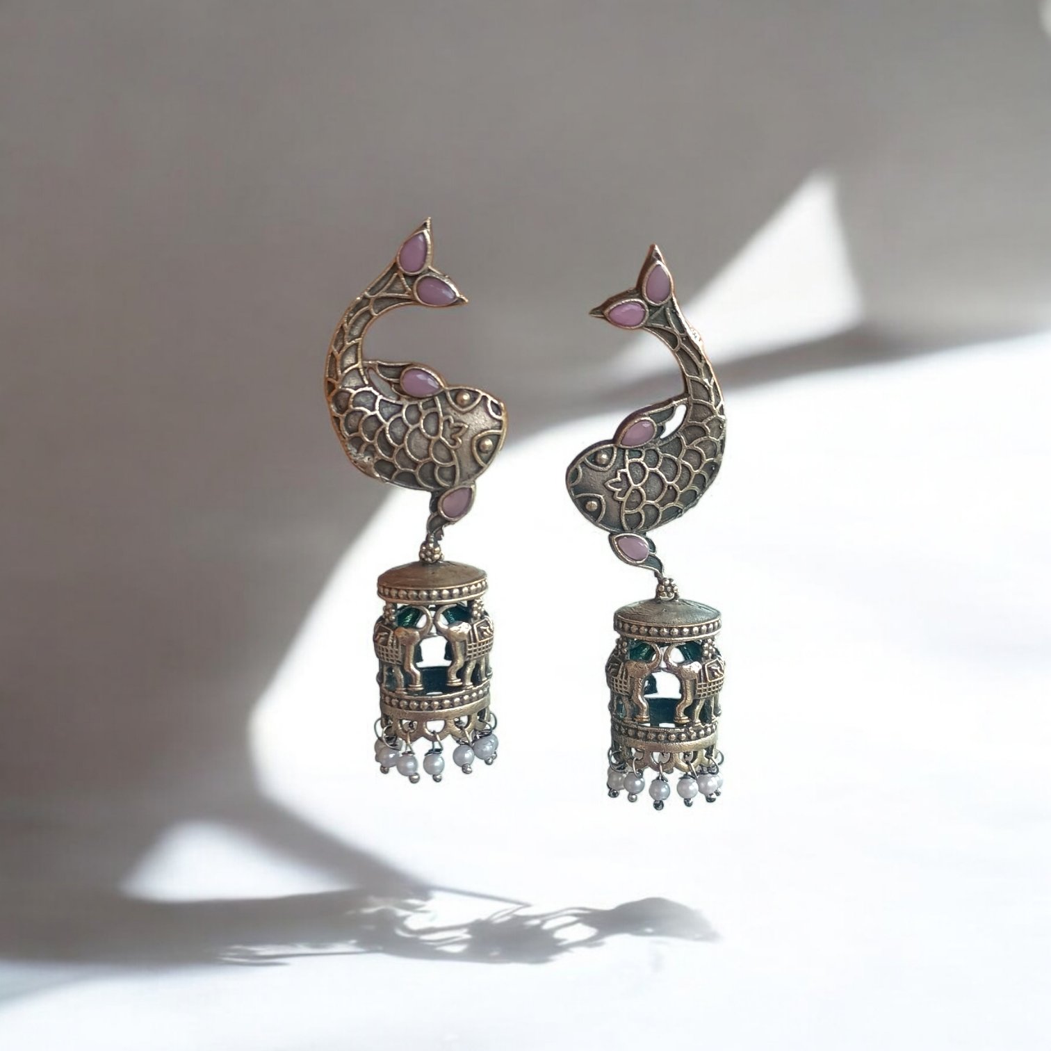 Ethereal Fish Motif Jhumka with Pink Accents