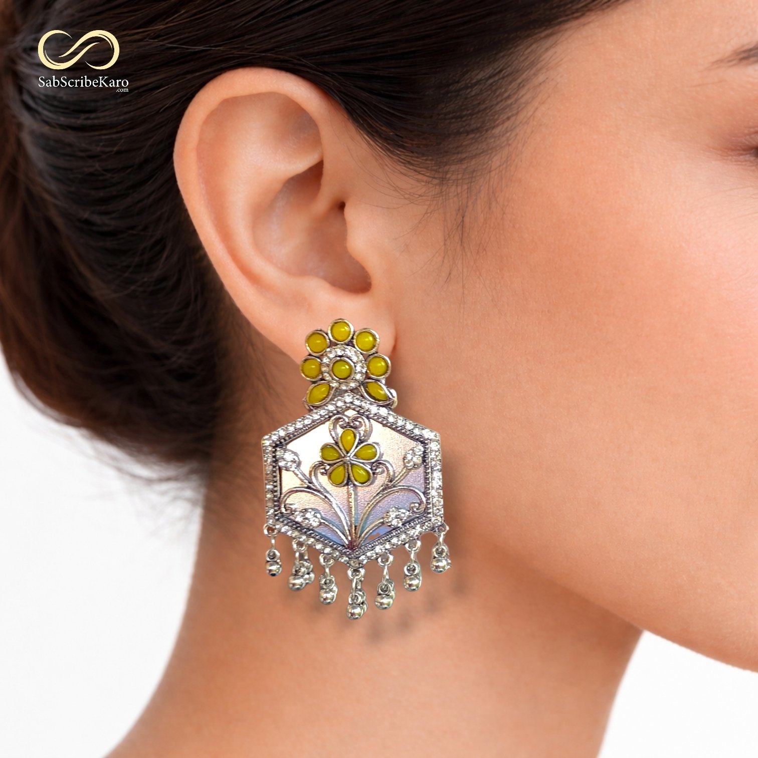 Vibrant Hexagonal Floral Dangler with Yellow Stones - Image 2