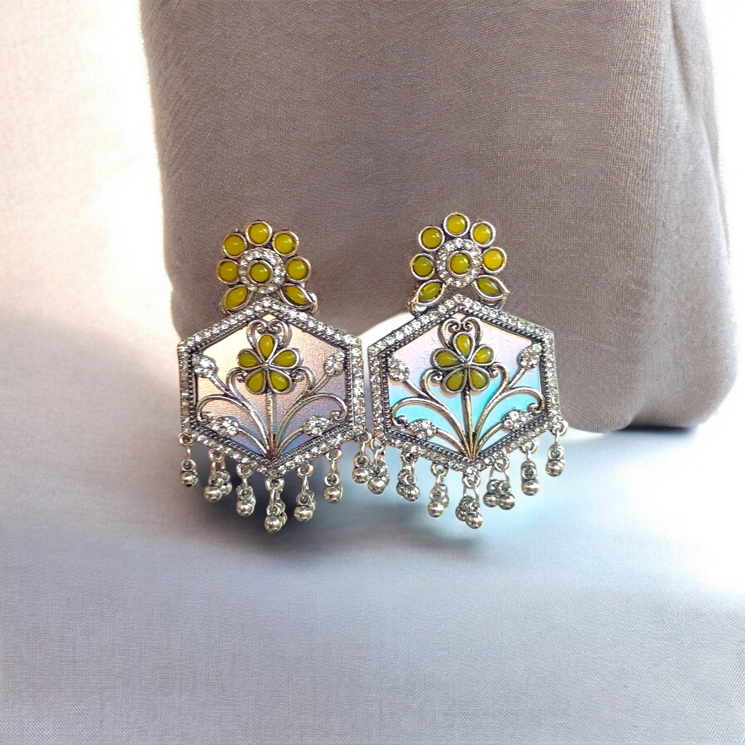 Vibrant Hexagonal Floral Dangler with Yellow Stones